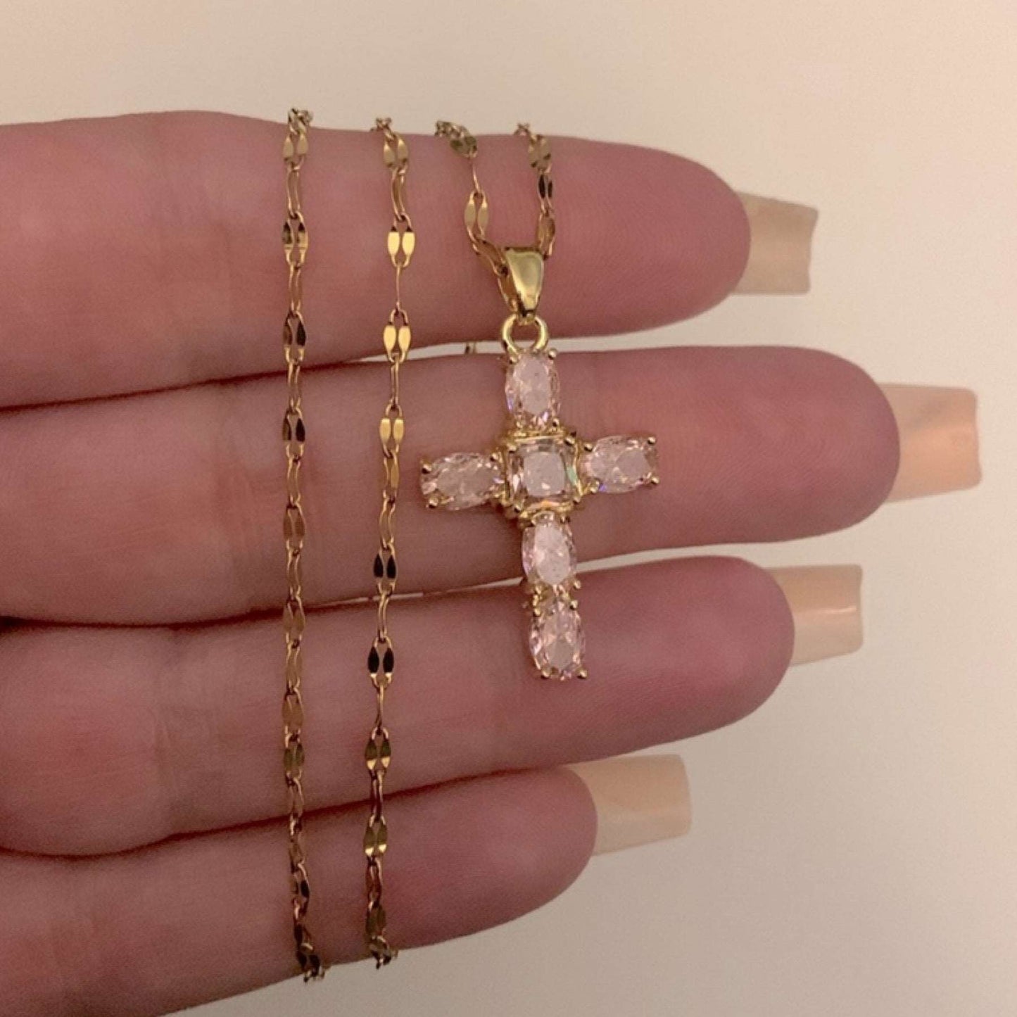 Gold Pink CZ Covered Cross Necklace