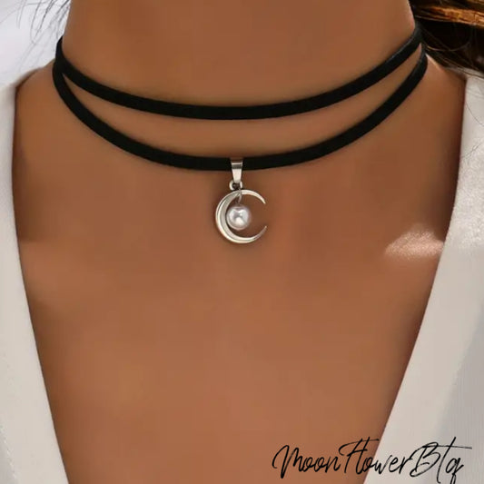 Black Silver Crescent Moon Pearl Choker