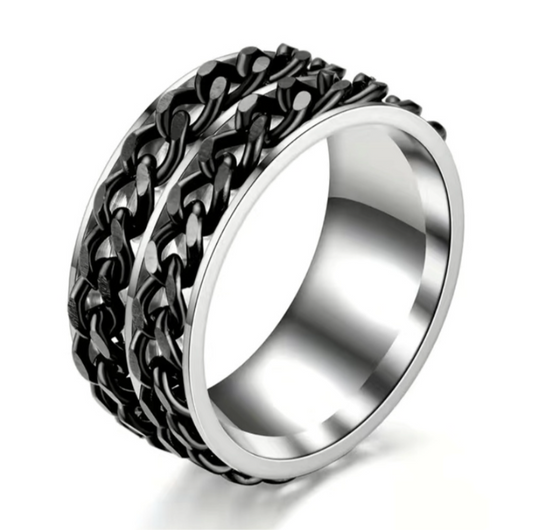 Silver Black Double Chain Anxiety Fidget Spinner Ring