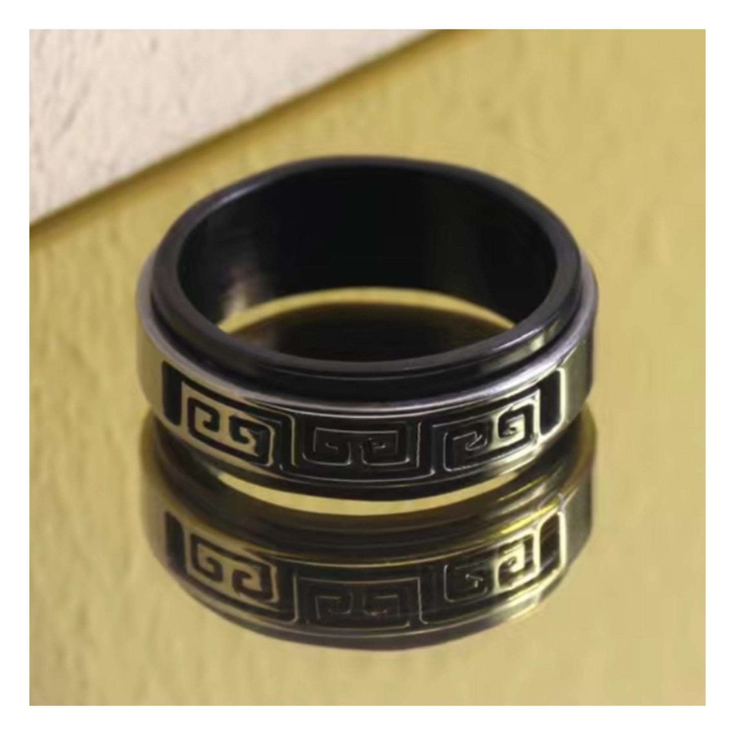 Black & Silver Cutout Greek Key Stainless Steel Anxiety Fidget Spinner Ring