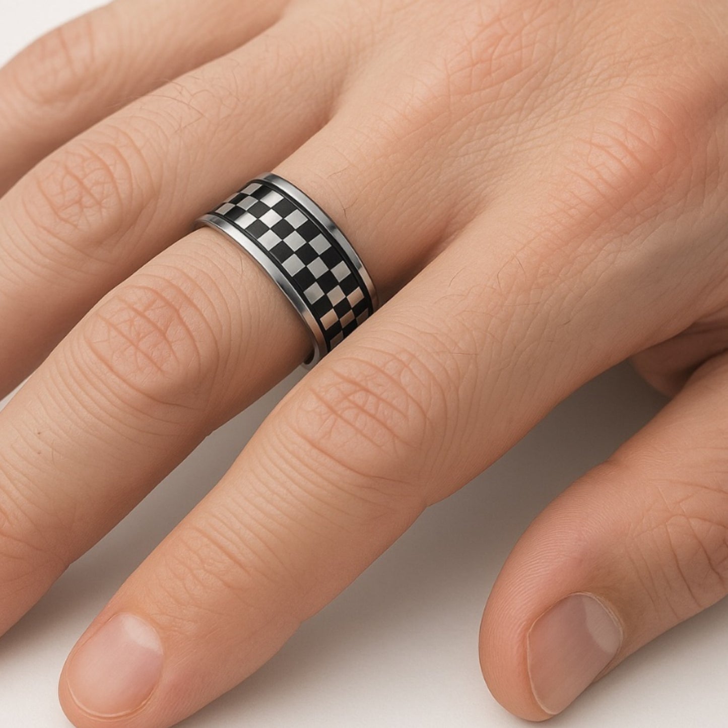 Black Silver Checkerboard Stainless Steel Band Ring Punk Skate Y2K