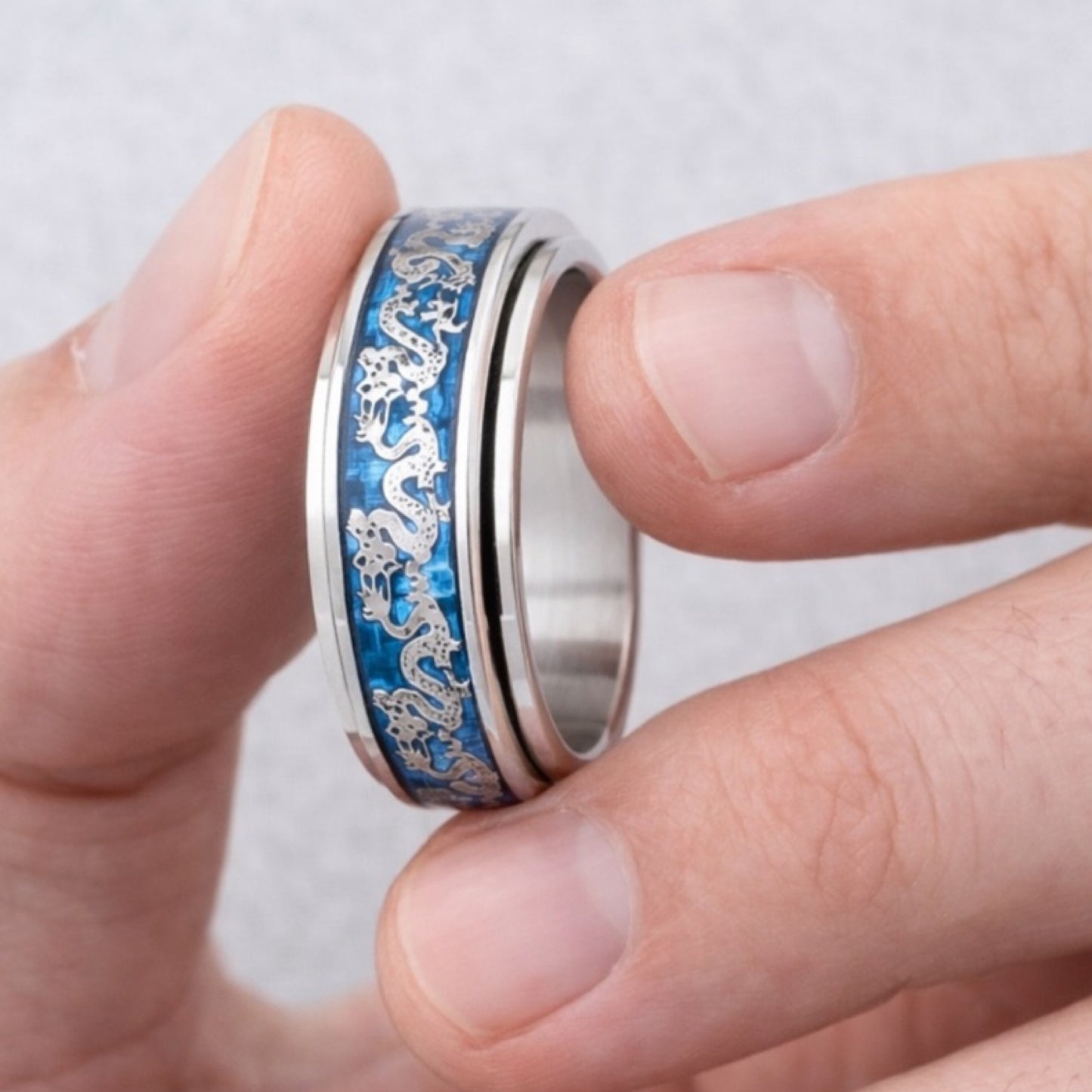 Stainless Steel Blue Dragon Spinner Ring
