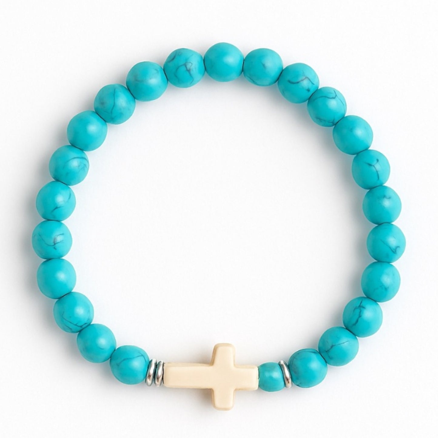Turquoise Beaded Cross Bracelet – Stretch Elastic Stackable Unisex Jewelry