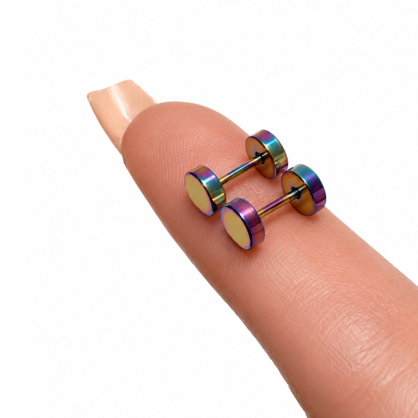 Rainbow Oil Slick Faux Gauge Fake Plug Earrings – 18G Studs 6mm