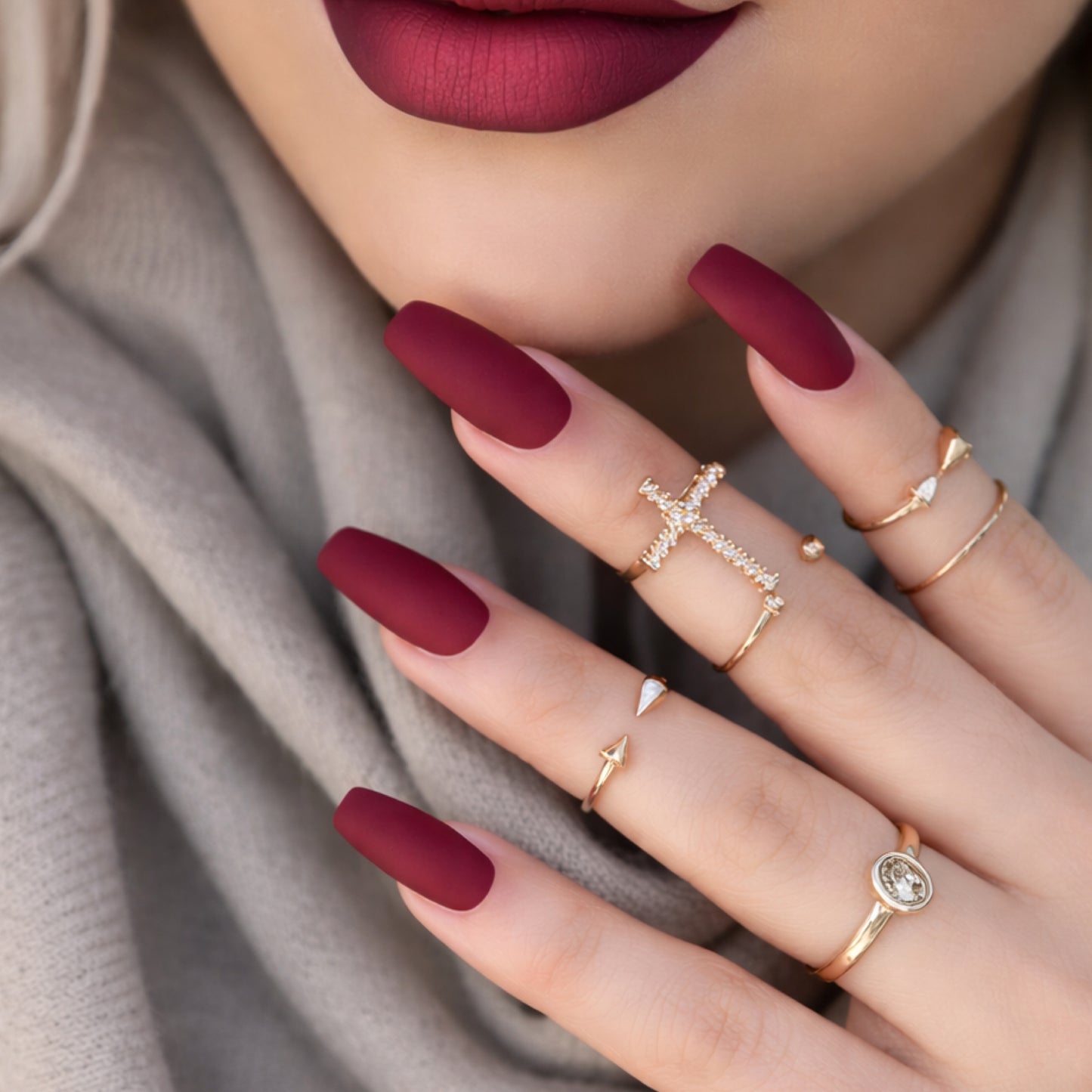 Deep Red Matte Coffin Press-On Nails – Burgundy Medium Length Fake Nail Set