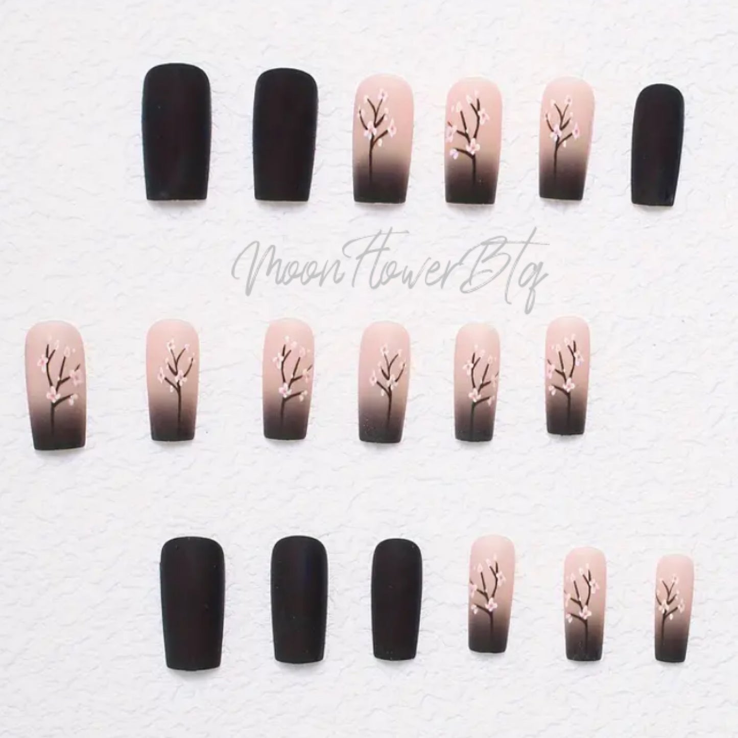 Black and Pink Cherry Blossom Square False Nails