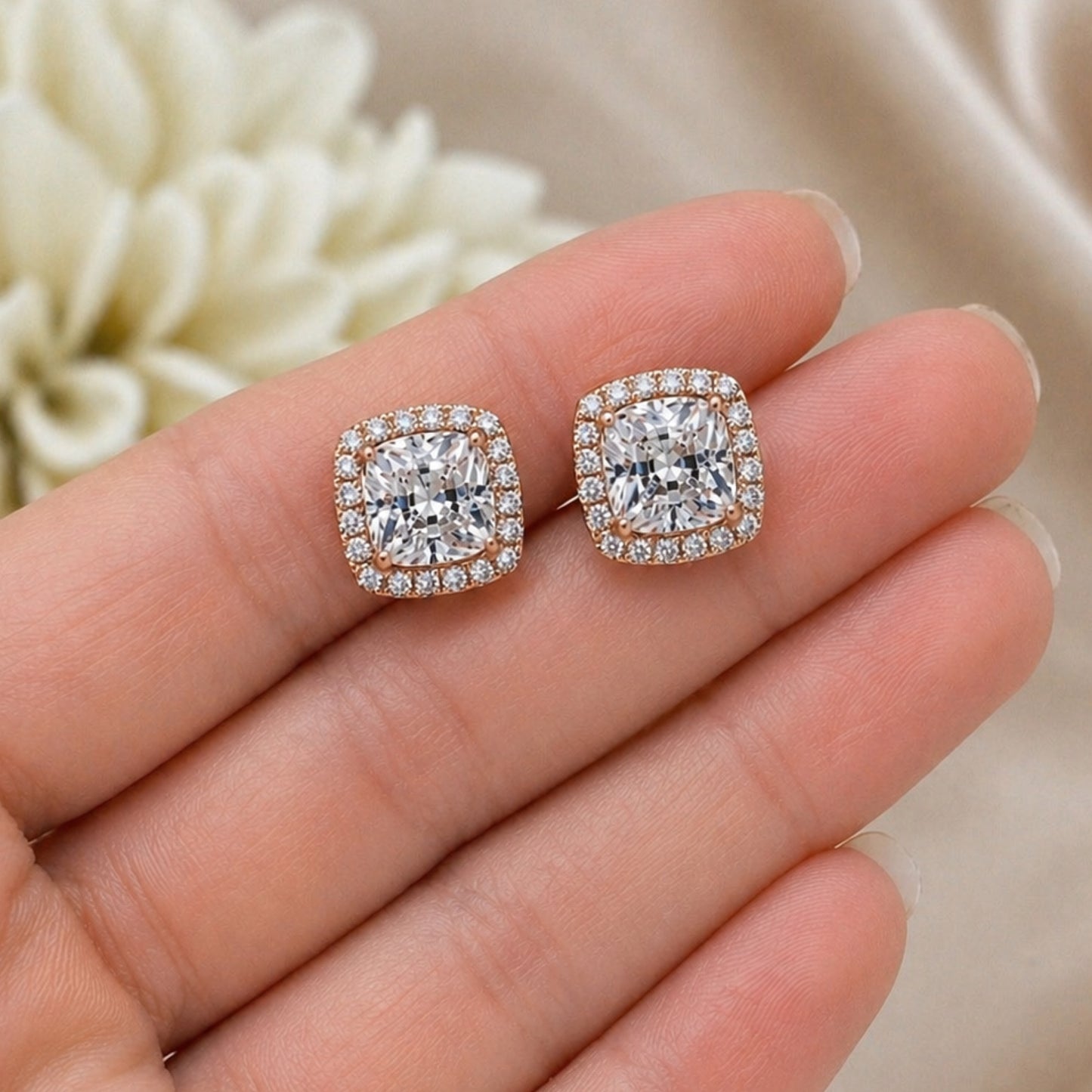 Rose Gold CZ Halo Square Stud Earrings