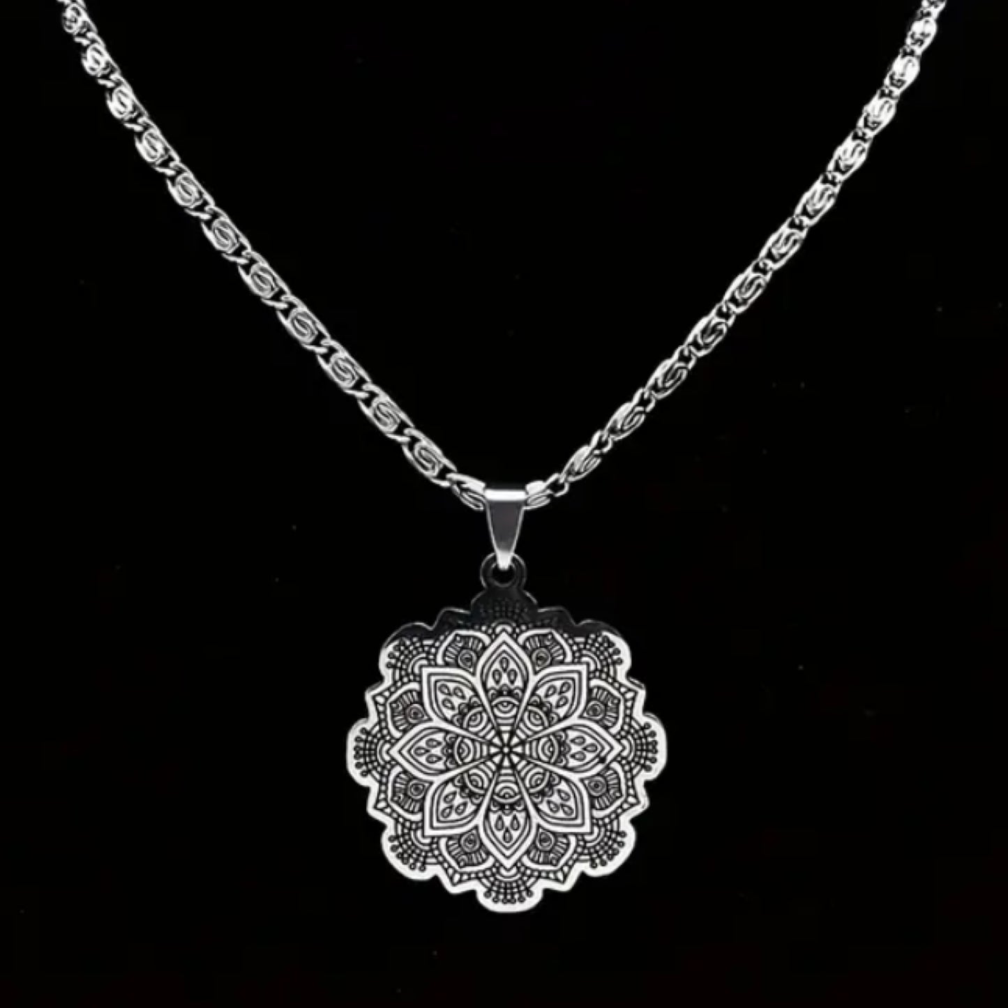 Silver Boho Mandala Pendant Necklace