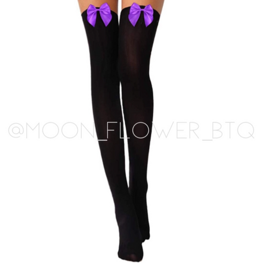 Black Purple Satin Bow Thigh High Stockings