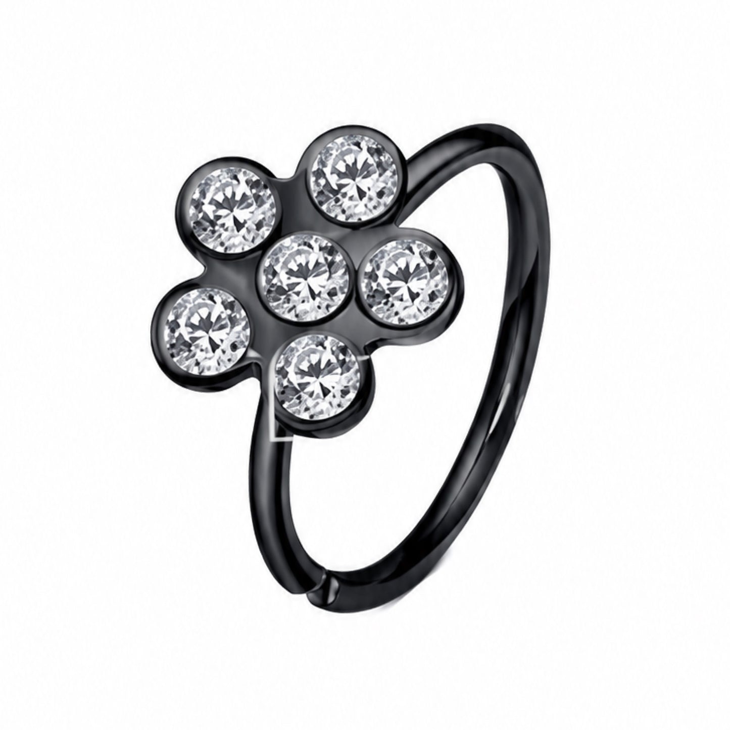 Black CZ Flower Fixed Hoop Nose Ring