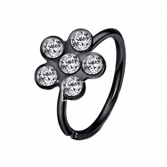 Black CZ Flower Fixed Hoop Nose Ring