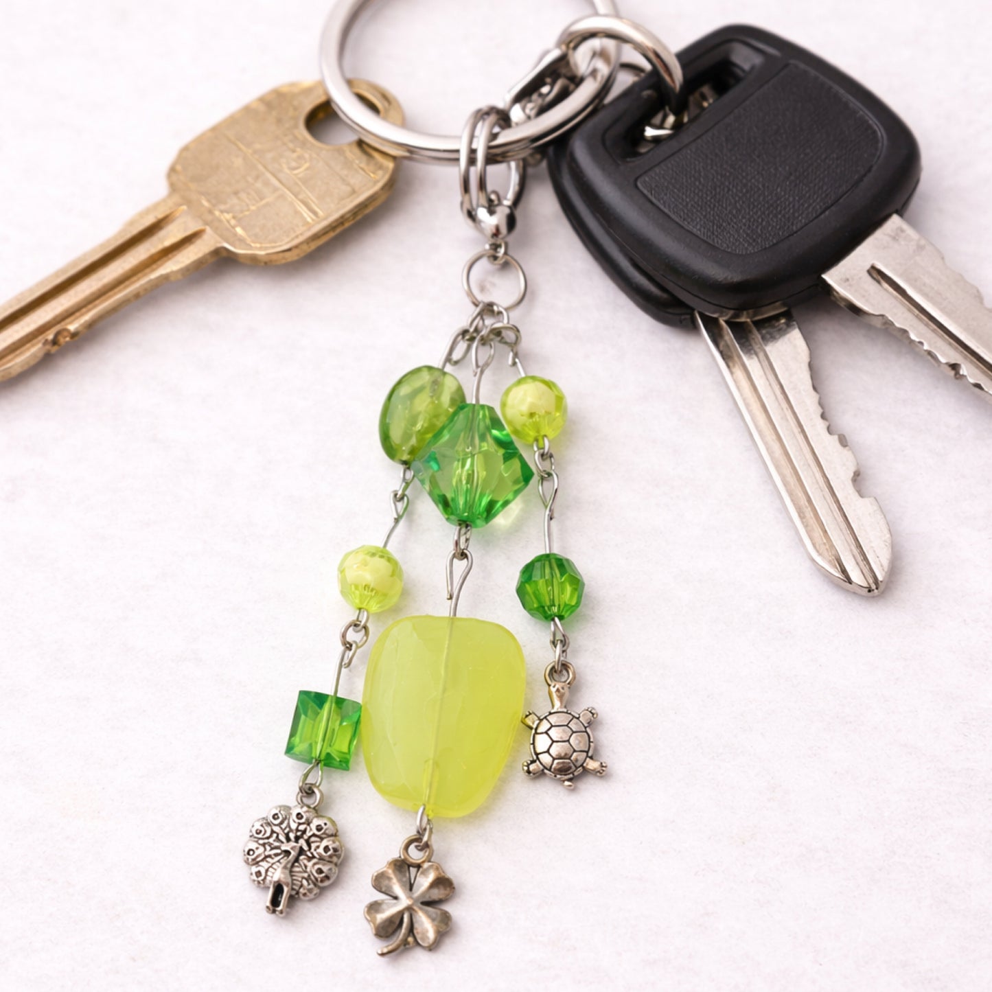 Green Beaded Turtle, Shamrock & Peacock Charm - Keychain Bag Charm Zipper Pull