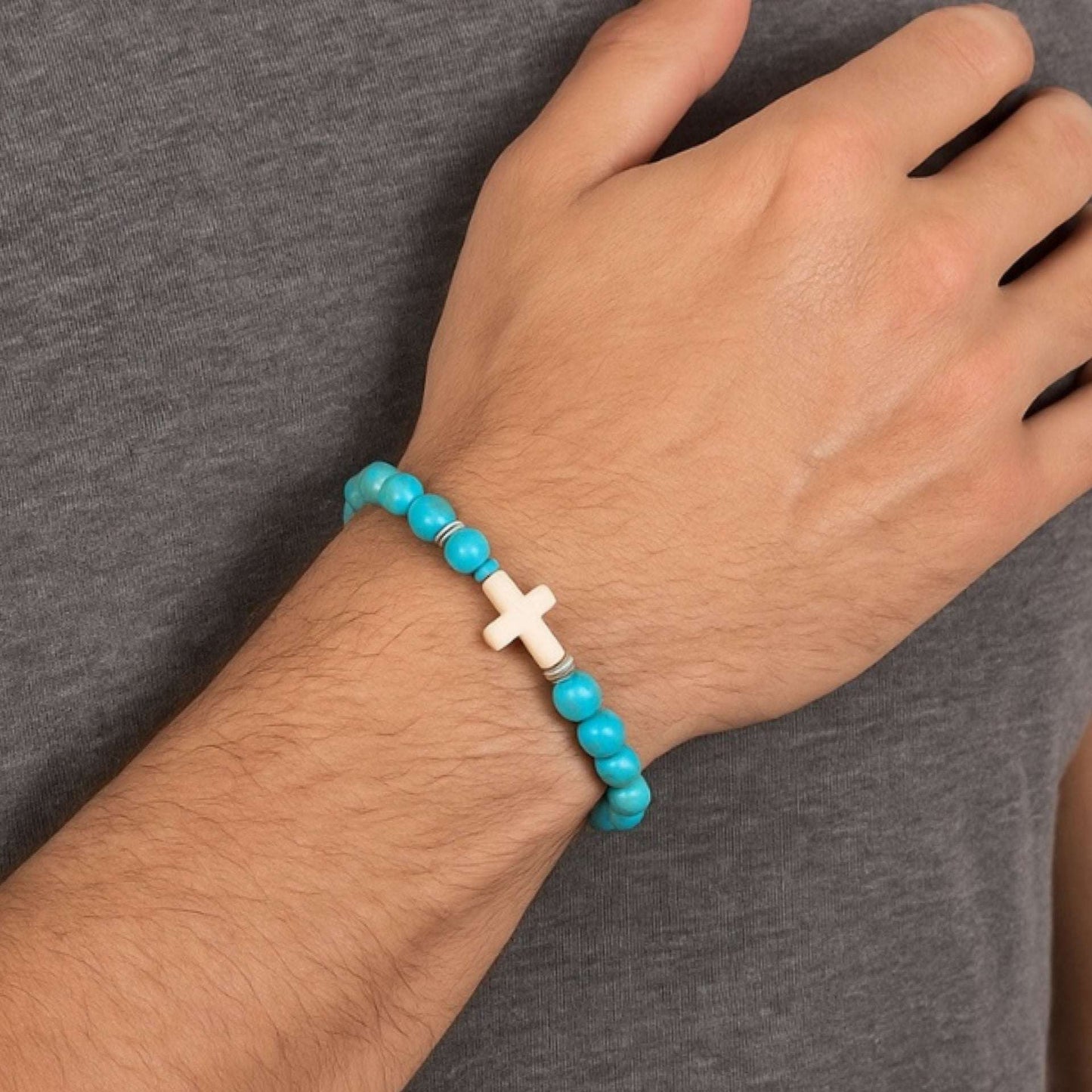 Turquoise Beaded Cross Bracelet – Stretch Elastic Stackable Unisex Jewelry
