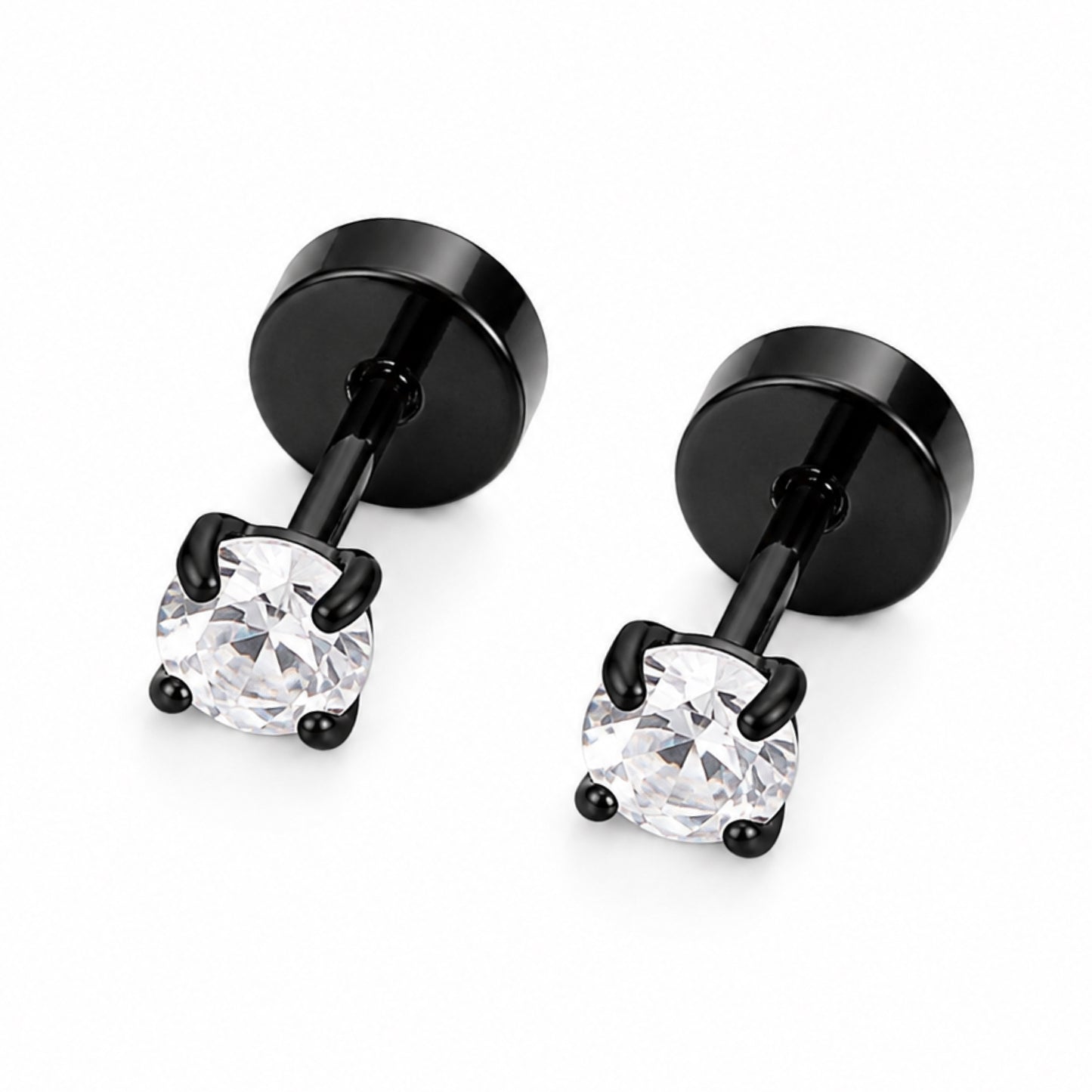 Black Stainless Steel CZ Flat Back Stud Earrings