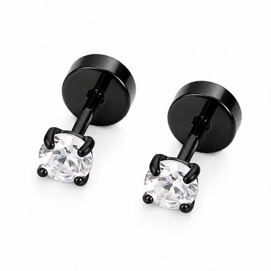 Black Stainless Steel CZ Flat Back Stud Earrings