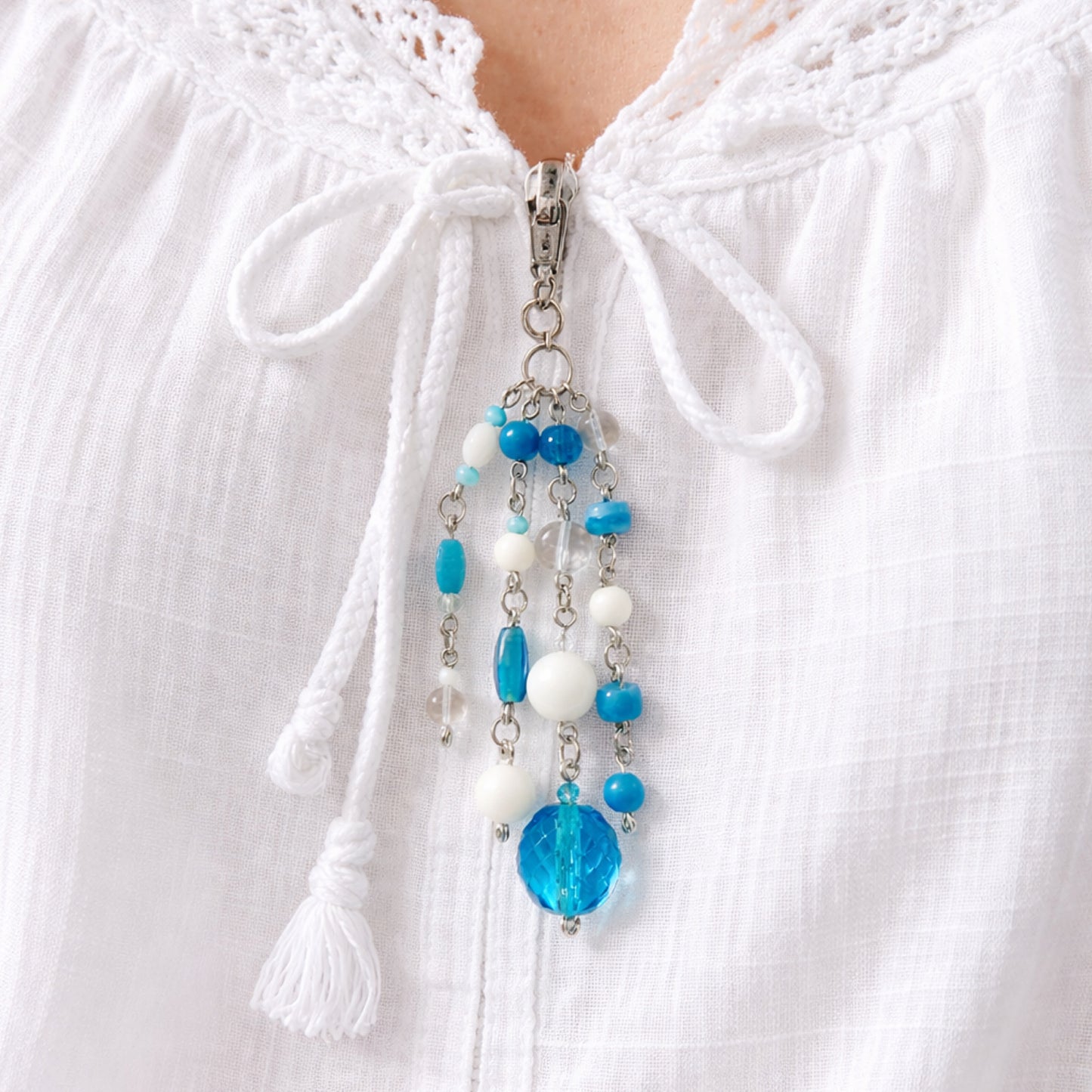 Blue Beaded Charm – Coastal Boho Bag Charm Keychain & Zipper Pull