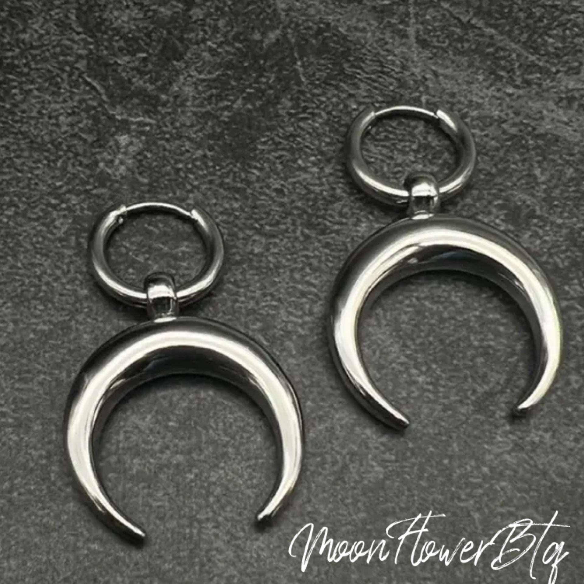 Silver Crescent Moon Huggie Hoop Earrings