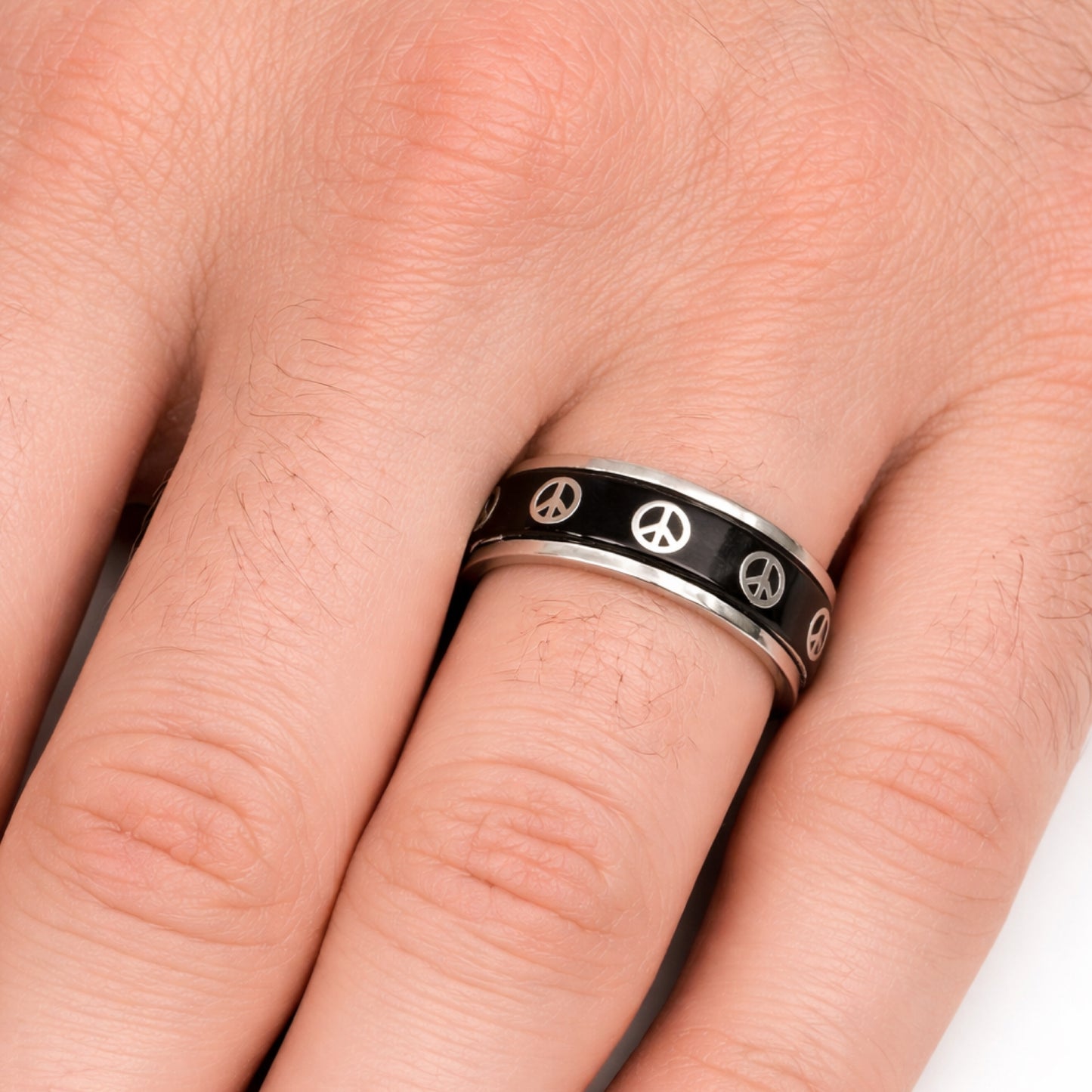 Black Stainless Steel Peace Sign Spinner Ring Fidget Band