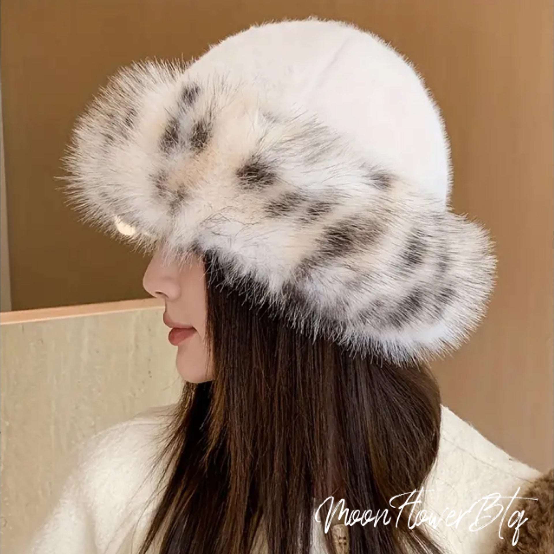 White Leopard Print Faux Fur Winter Hat