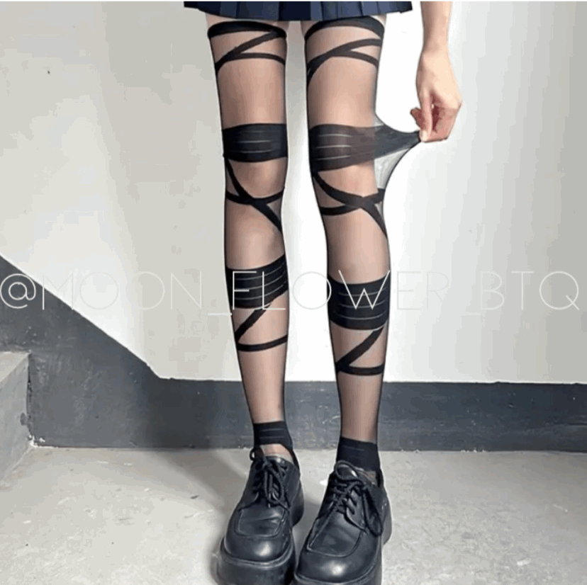 Black Strappy Thigh High Over the Knee Stockings