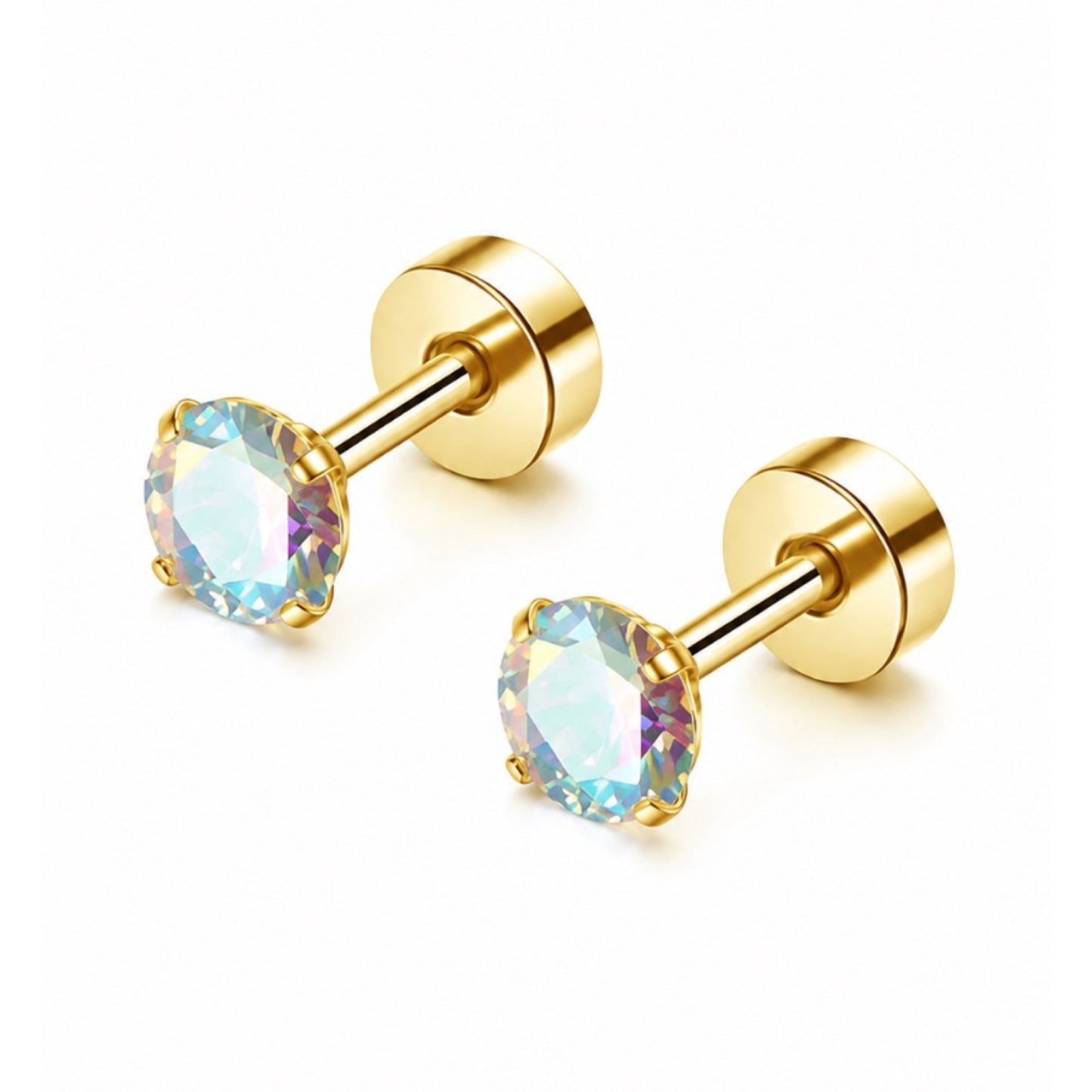 Gold Iridescent CZ Flat Back Stud Earrings