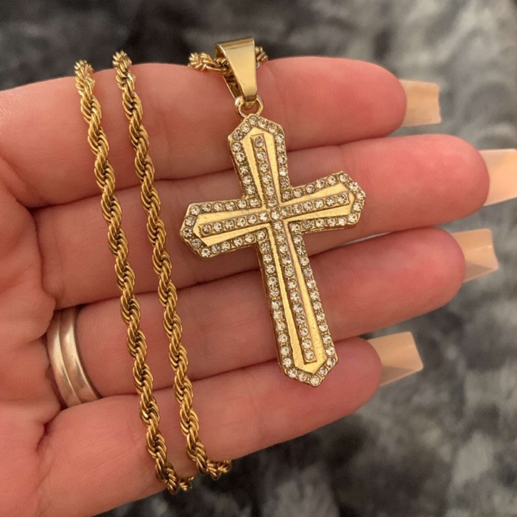 Gold CZ Covered Cross Necklace