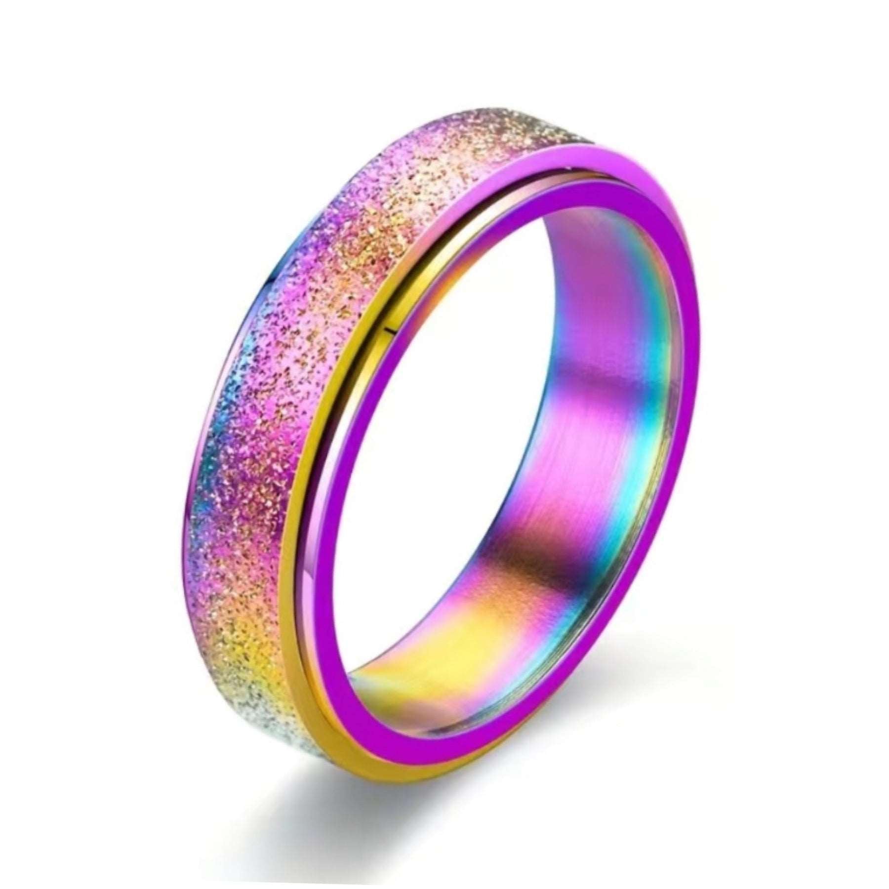 Sparkly Rainbow Silver Anxiety Fidget Spinner Ring