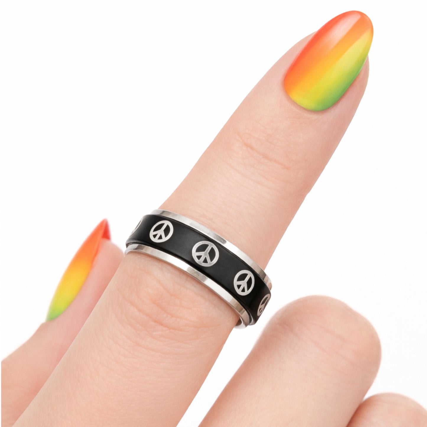 Black Stainless Steel Peace Sign Spinner Ring Fidget Band