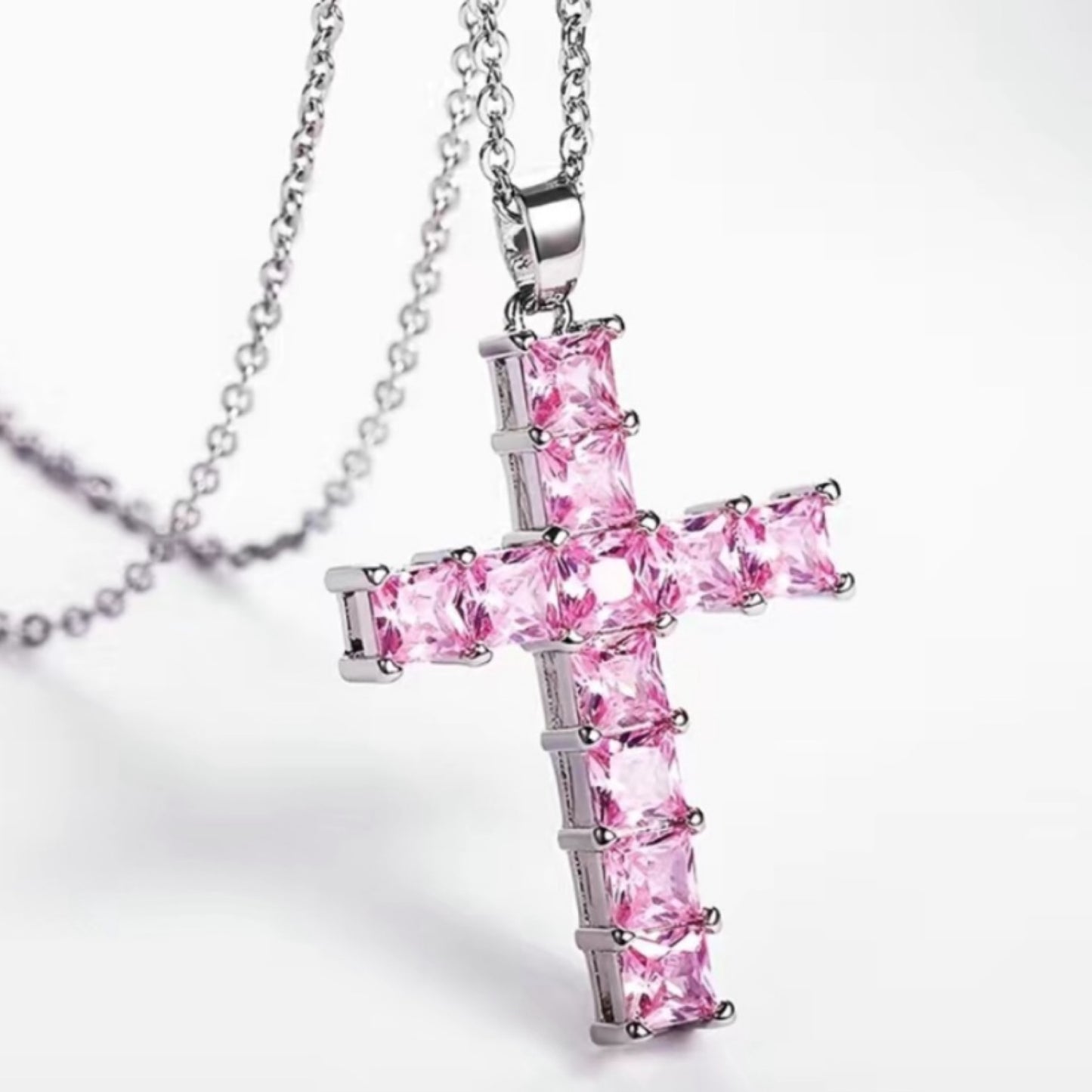 Silver Pink CZ Covered Cross Necklace