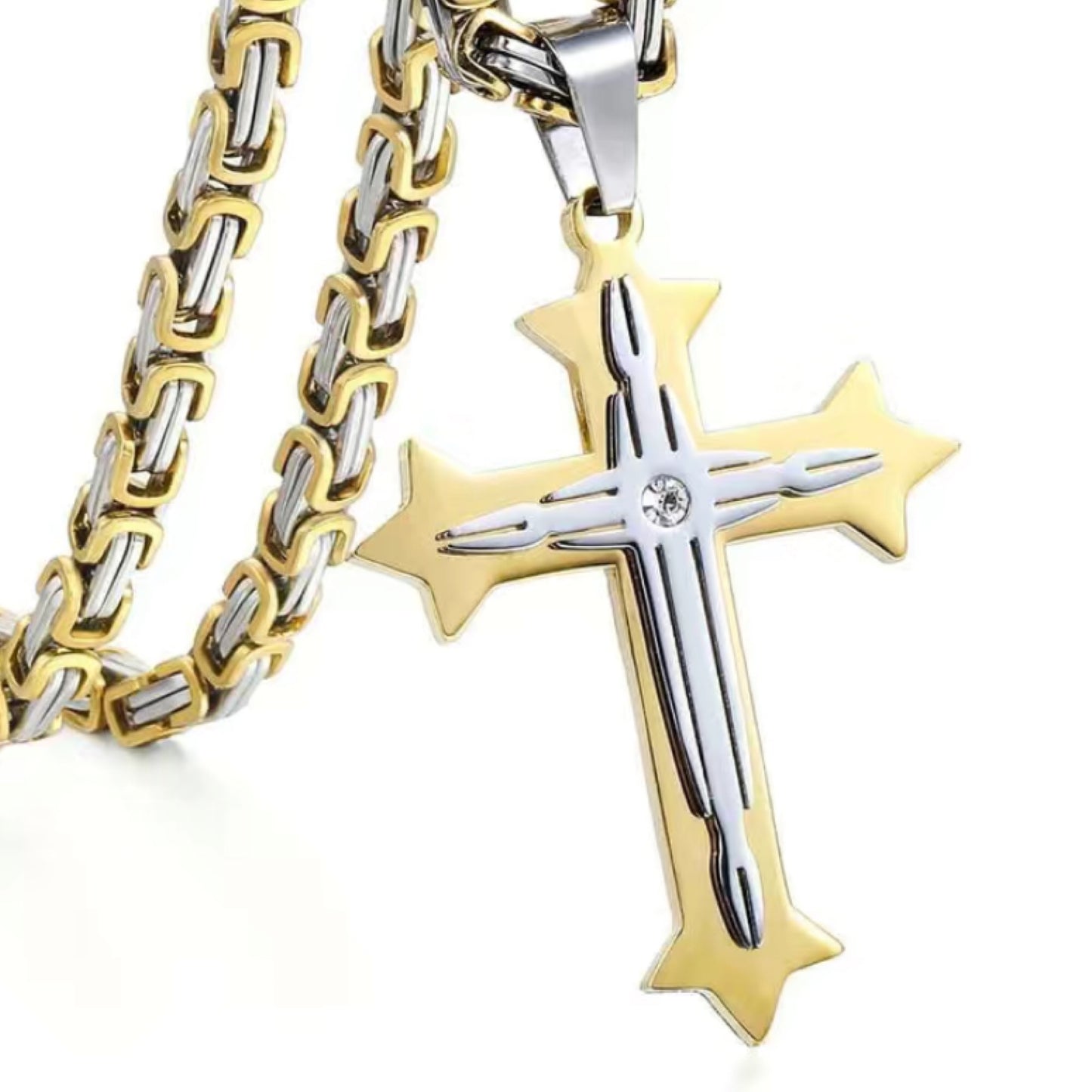 Two Tone Gold Sliver Layered CZ Cross Necklace