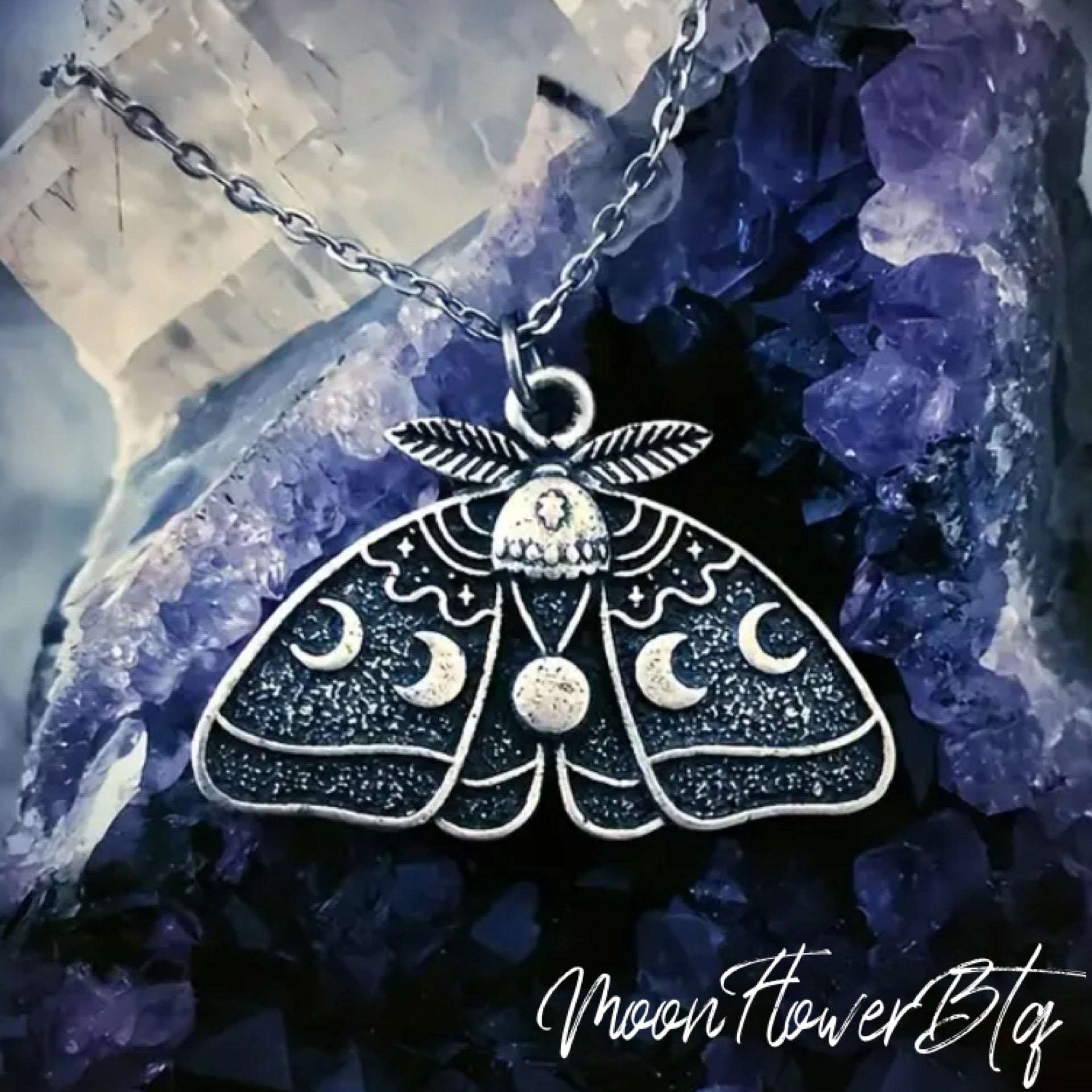 Moon Phase Moth Butterfly Pendant Necklace