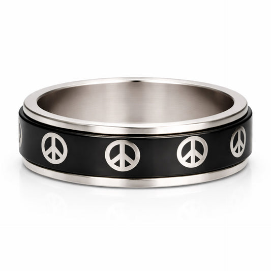 Black Stainless Steel Peace Sign Spinner Ring Fidget Band