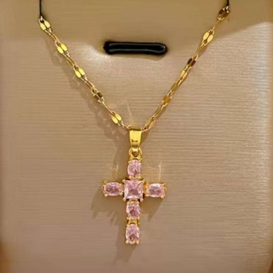 Gold Pink CZ Covered Cross Necklace