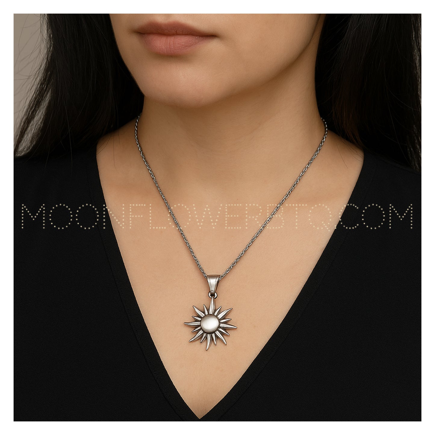Silver Sunburst Pendant Necklace – 24” Stainless Steel