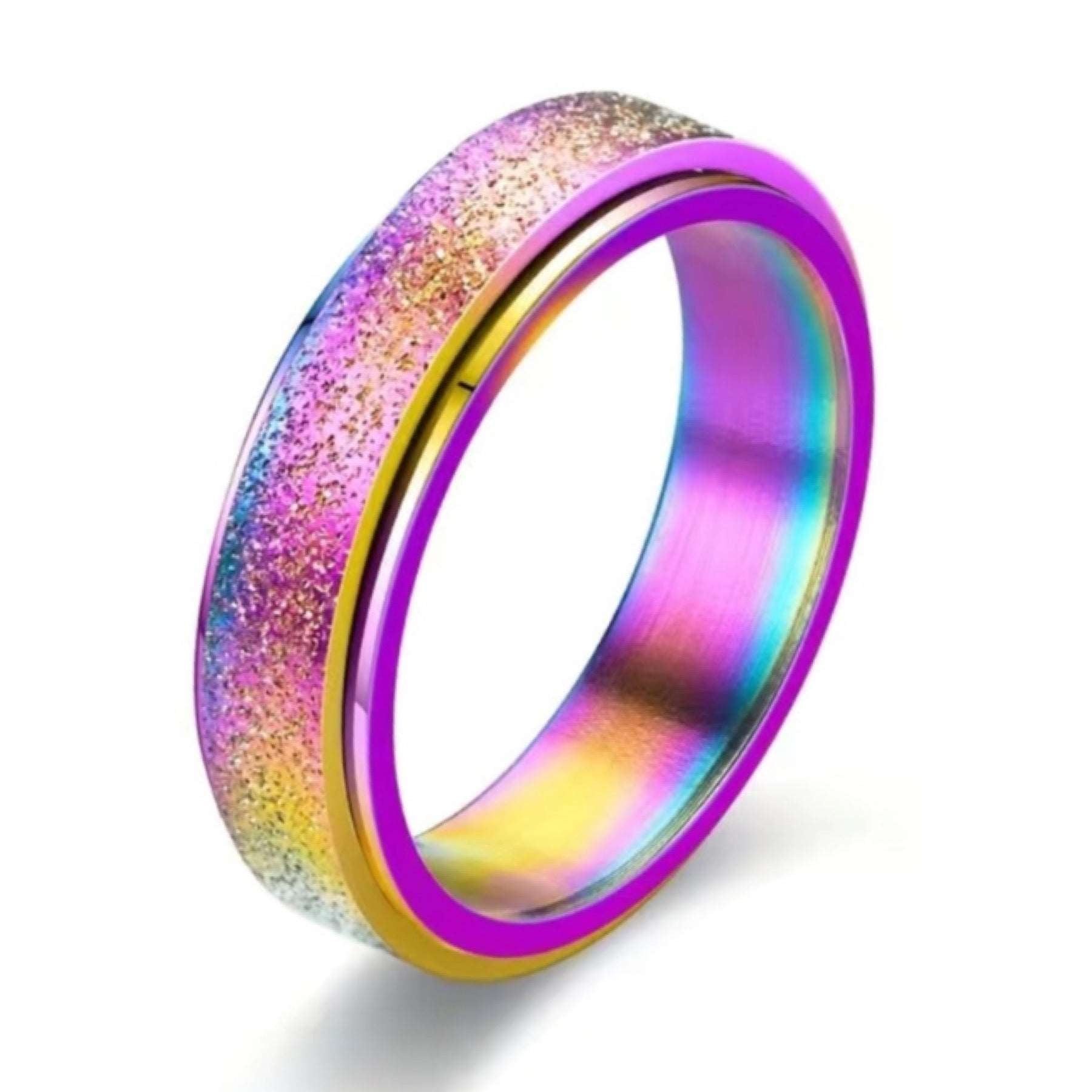 Sparkly Rainbow Silver Anxiety Fidget Spinner Ring