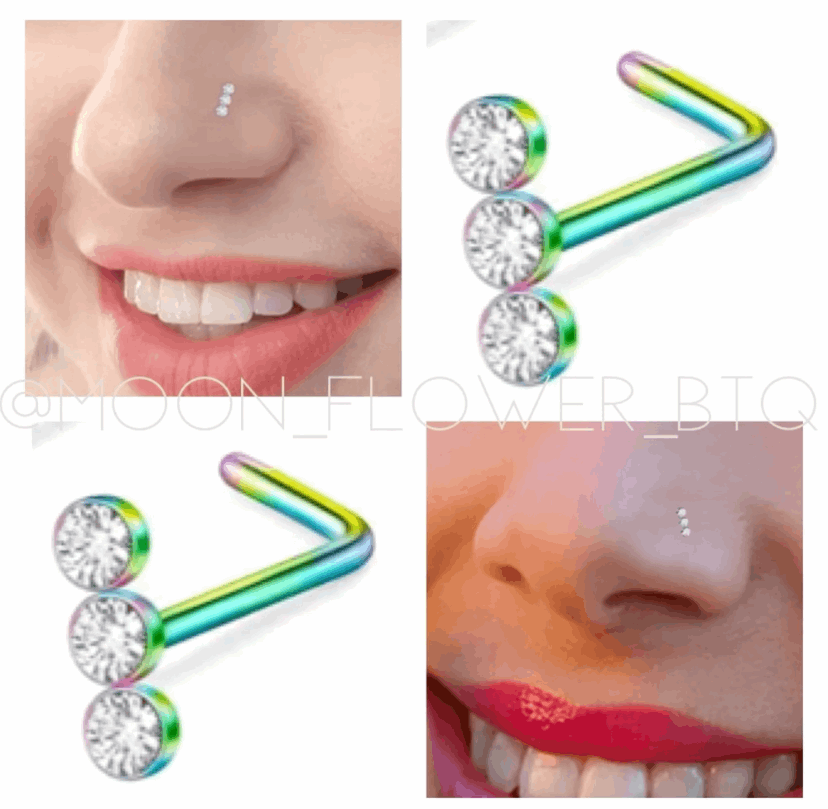 Triple CZ Rainbow L Shaped Nose Ring