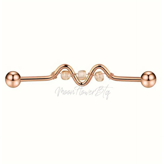 Rose Gold Beaded Lifeline Industrial Barbell Earring