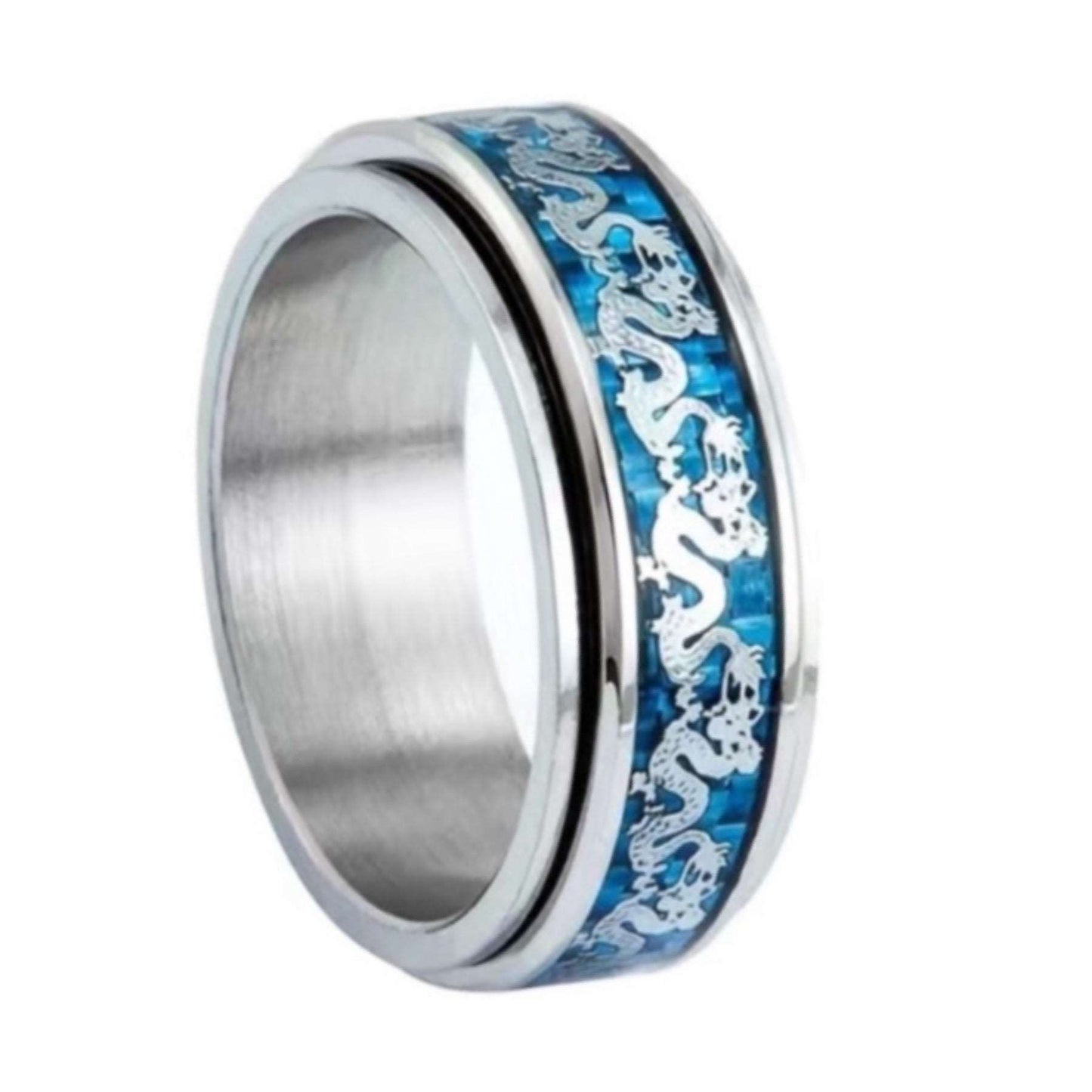 Blue & Silver Carbon Fiber Dragon Anxiety Fidget Spinner Ring