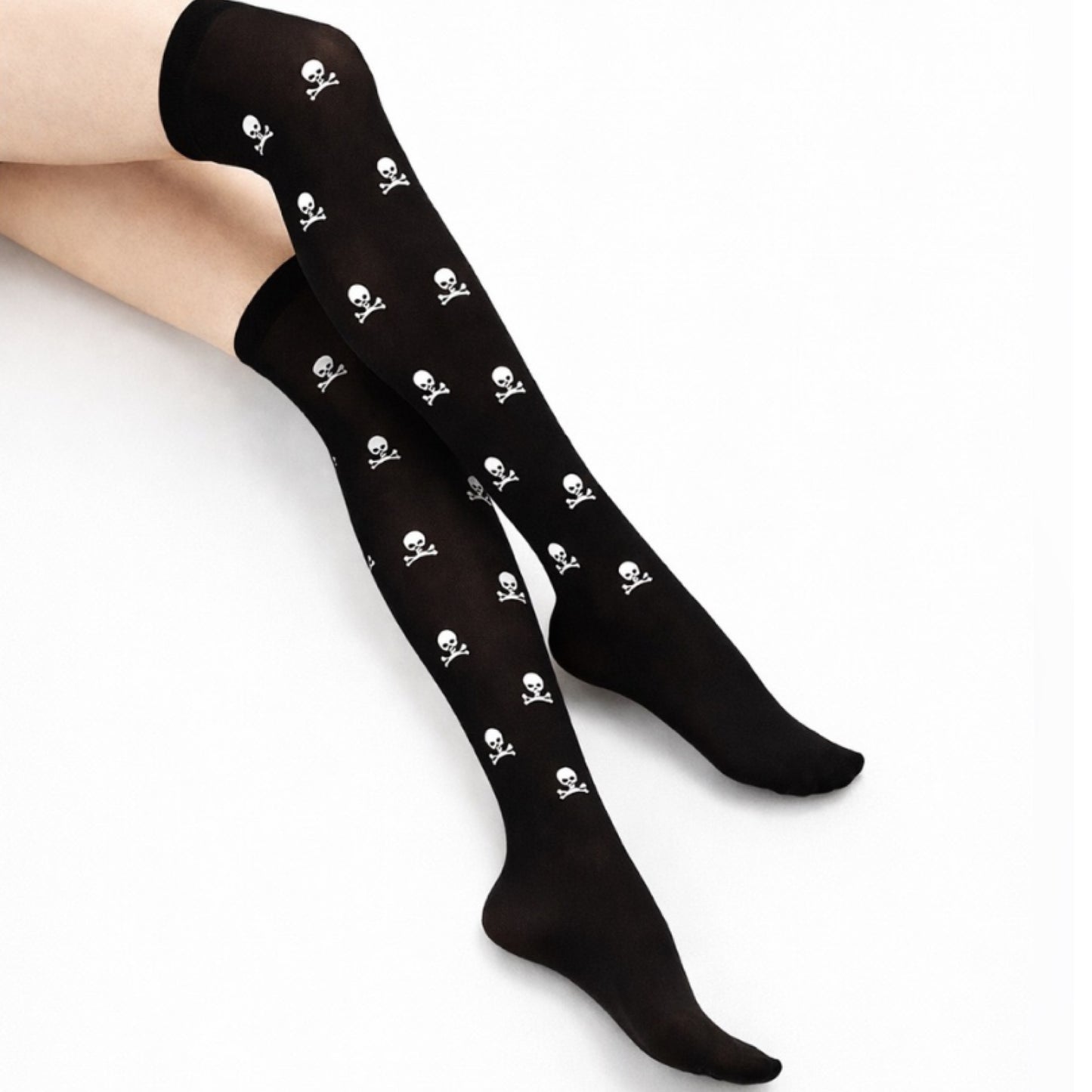 Black Skull Over the Knee Stockings – Goth Sheer Thigh High Socks