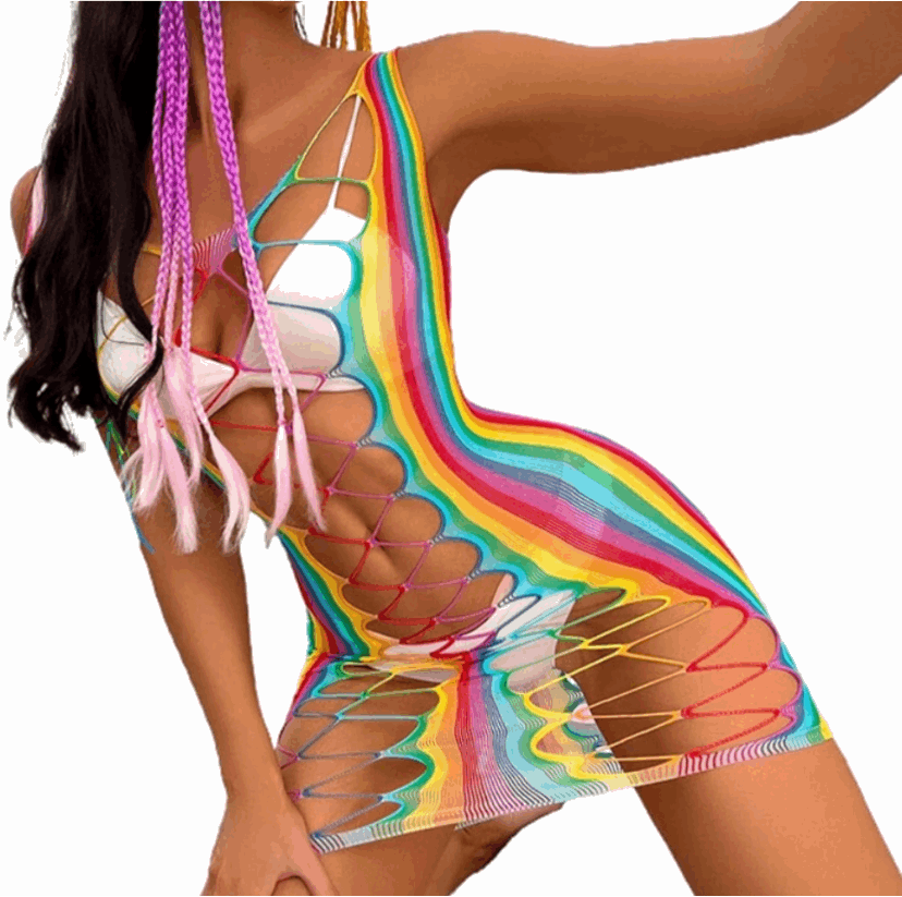 Rainbow Mesh Fishnet Dress Rave Festival Outfit Swim Cover