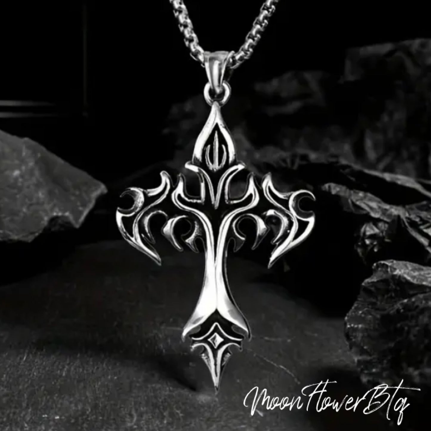 Vintage Goth Flaming Cross Pendant Necklace