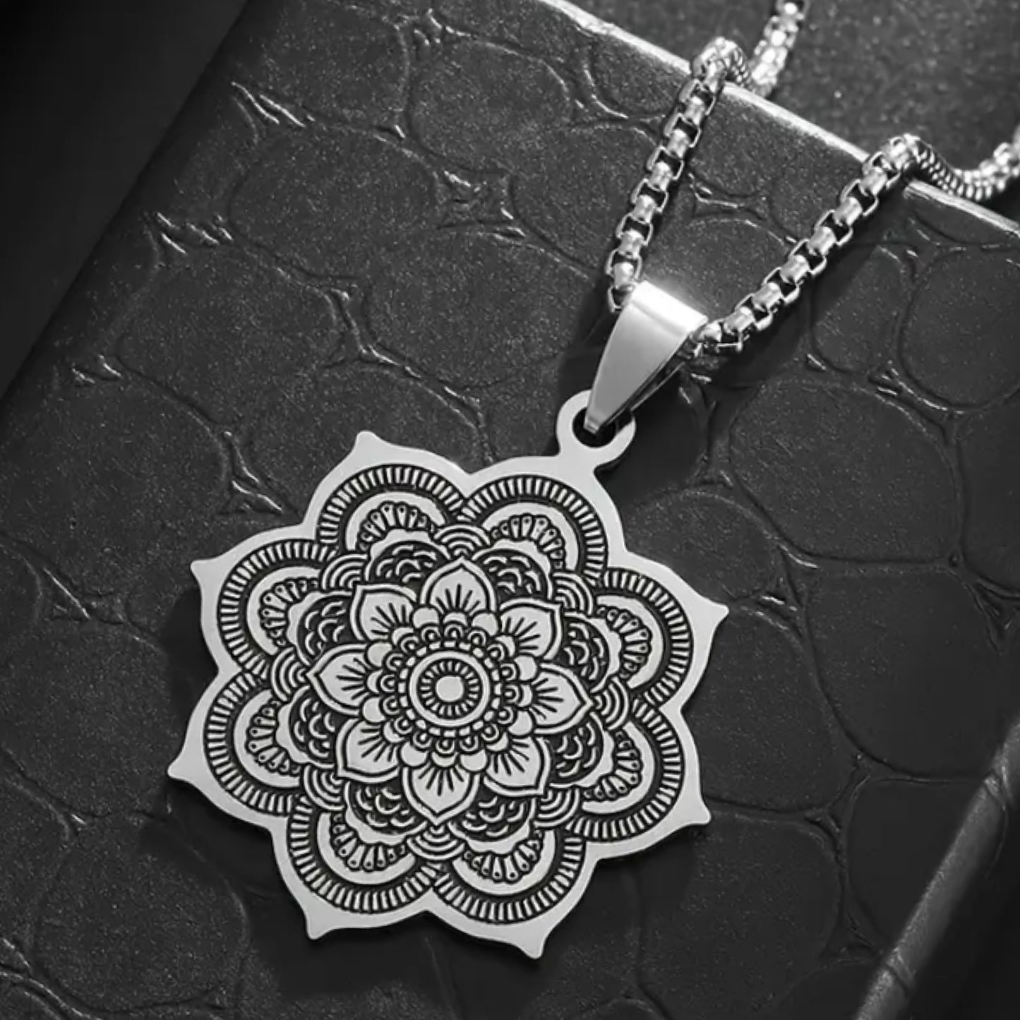 Silver Boho Mandala Flower Pendant Necklace