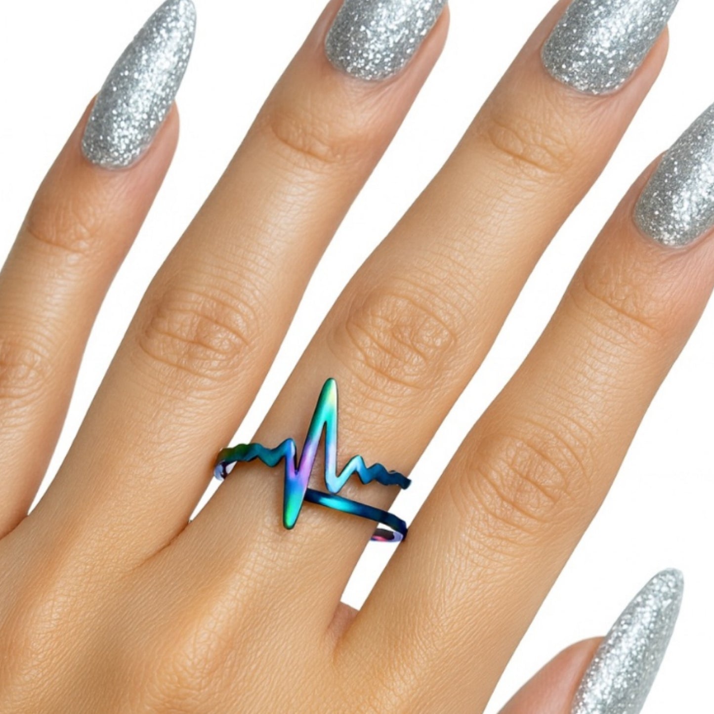 Rainbow Heartbeat Ring | Iridescent Stainless Steel Wave Band Jewelry | Festival Y2K Boho