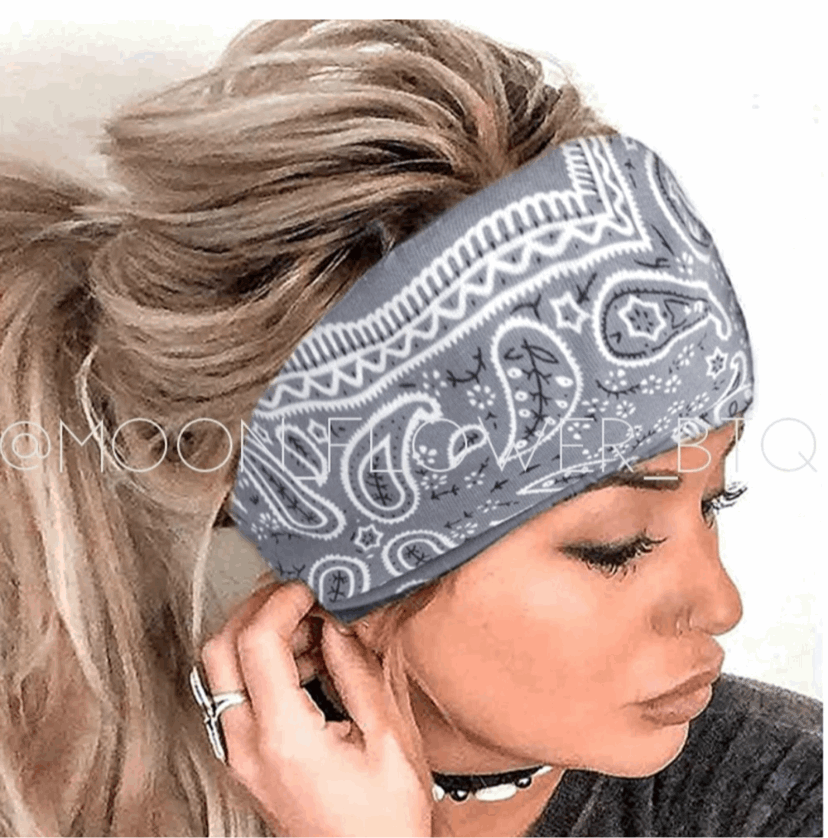 Boho Turban Headband Ear Warmer Gray Paisley Print