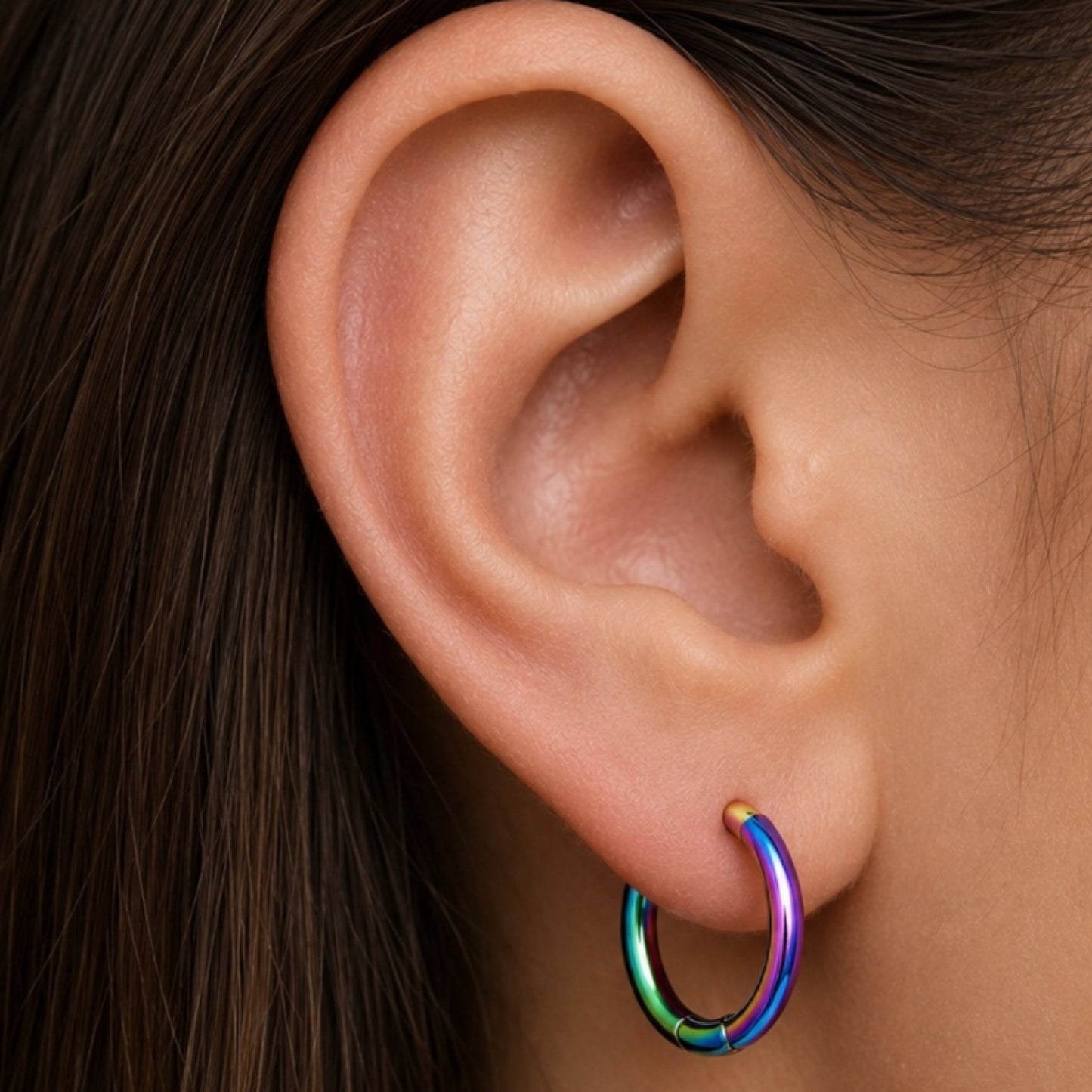 Rainbow Oil Slick Hinged Huggie Hoop Earrings 14mm