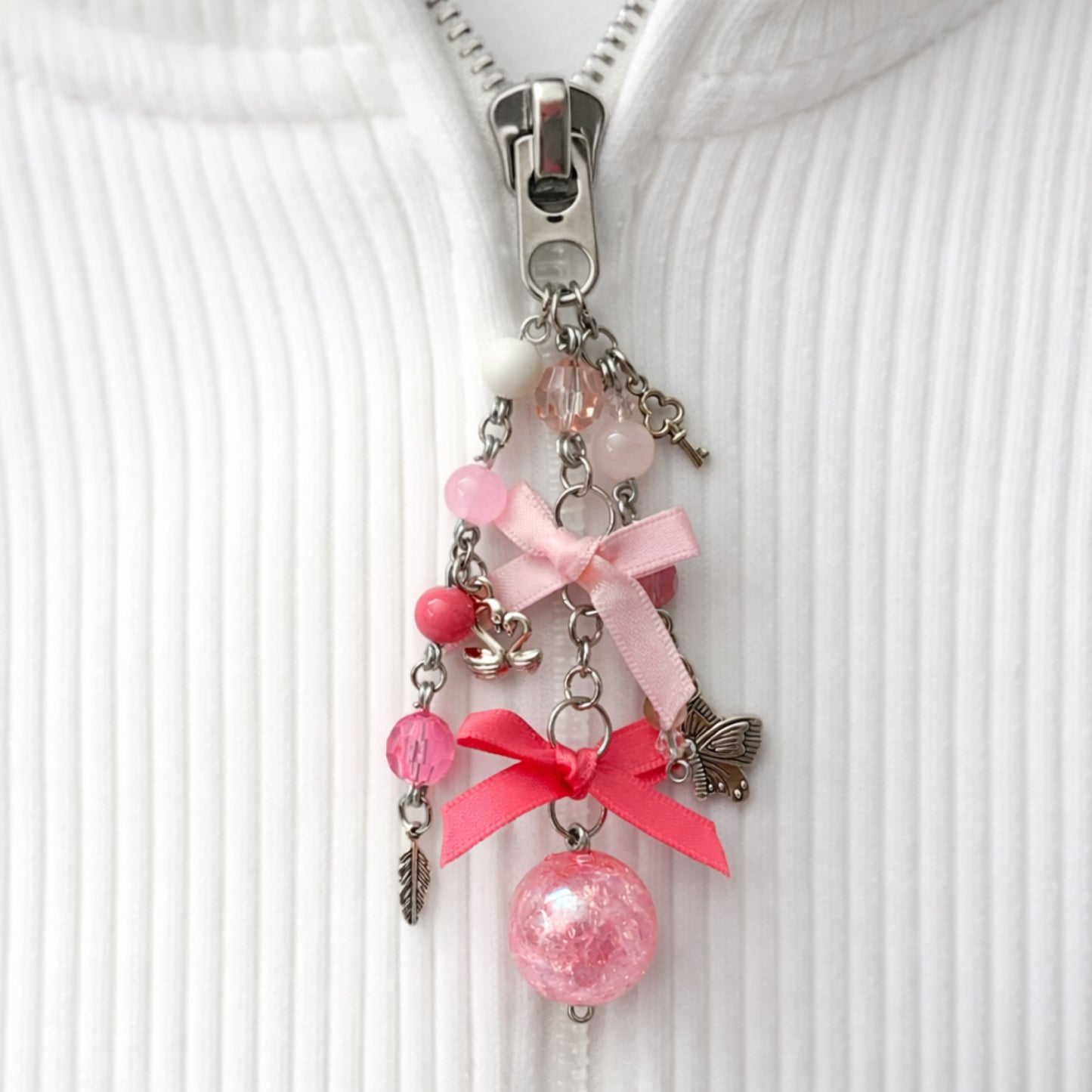 Pink Bow Butterfly Beaded Charm - Keychain Bag Charm Zipper Pull