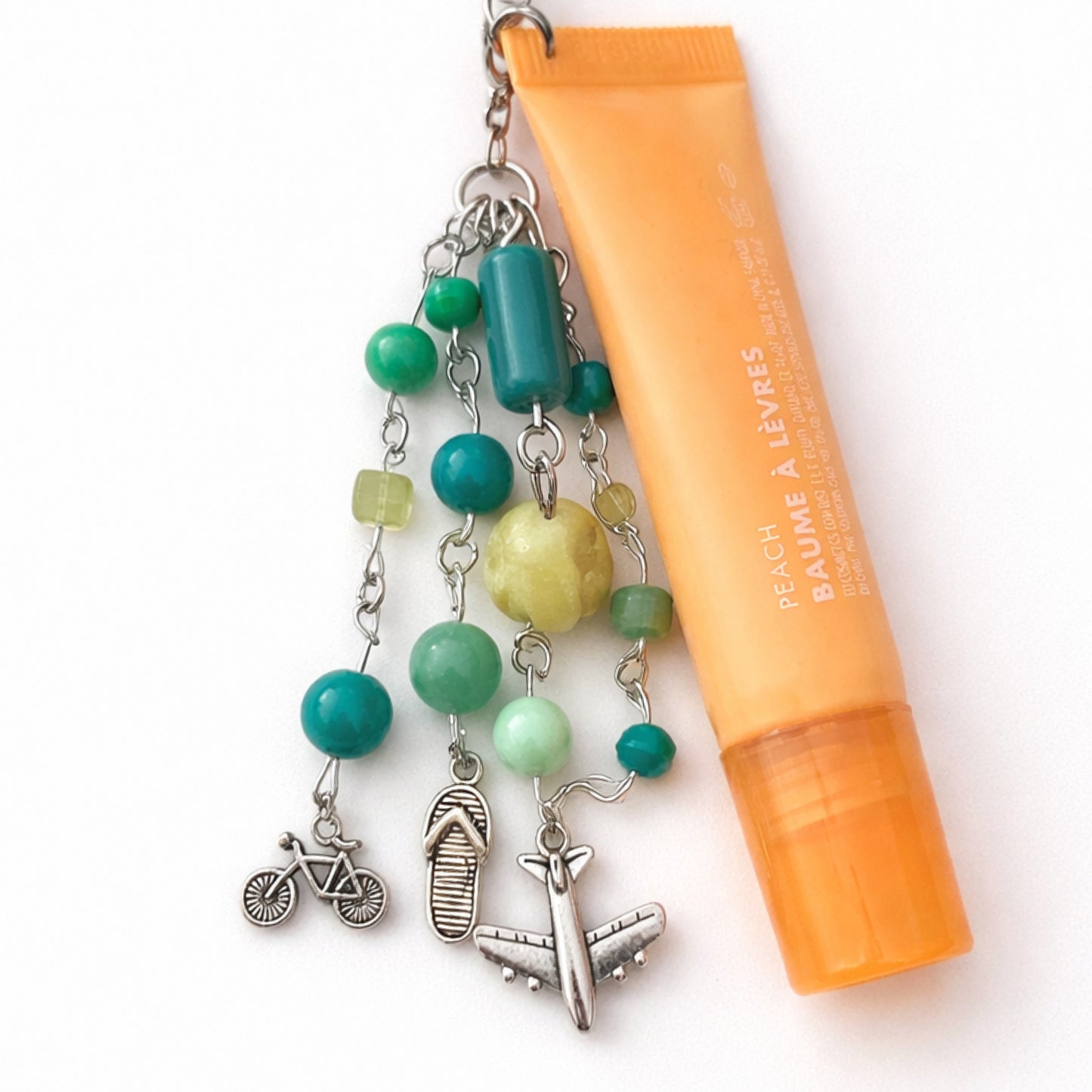 Green Beaded Travel Airplane Flip Flop Charm - Keychain Bag Charm Zipper Pull