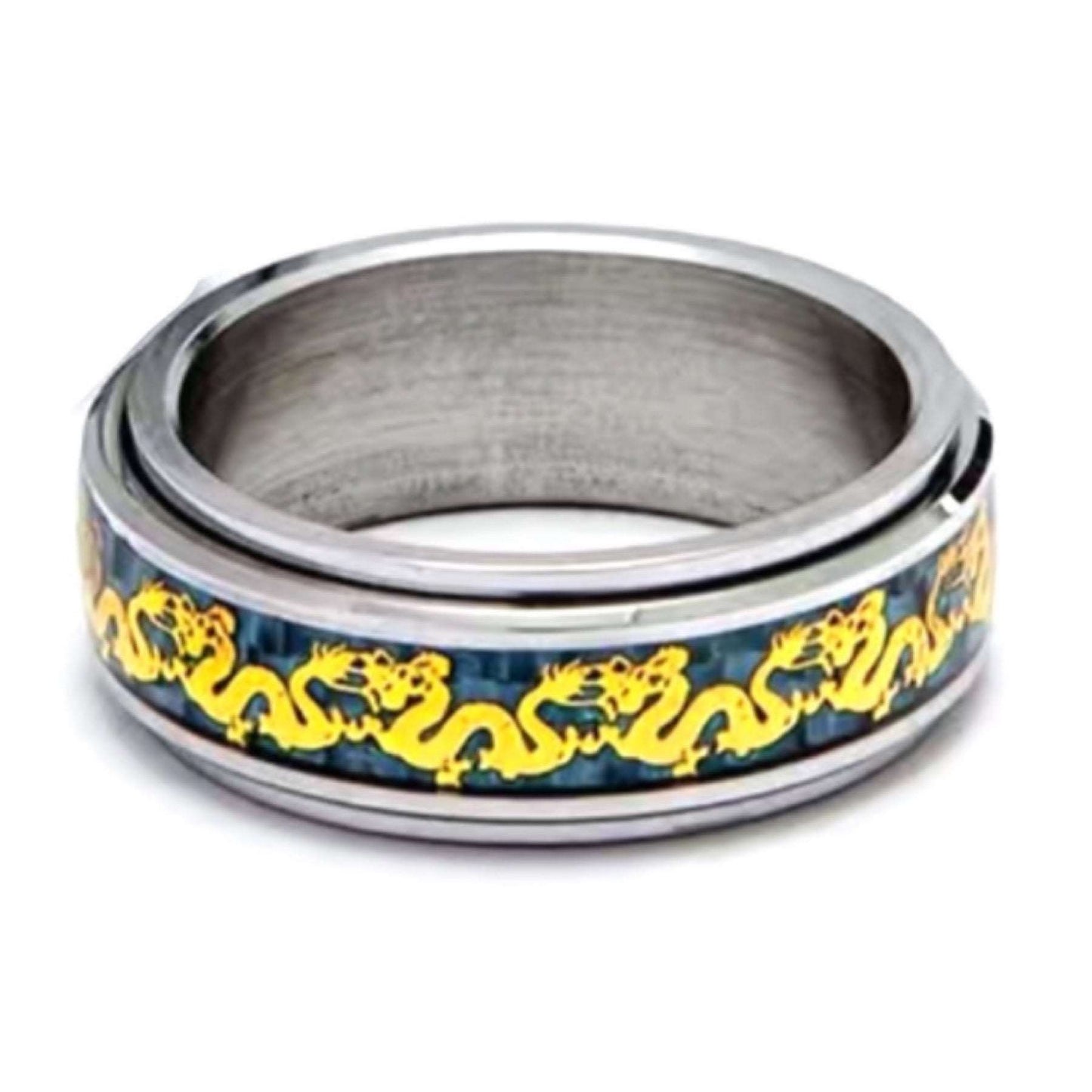 Blue & Gold Carbon Fiber Dragon Anxiety Fidget Spinner Ring