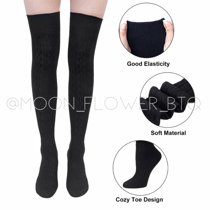 Black Organic Cotton Knit Over the Knee Thigh High Socks