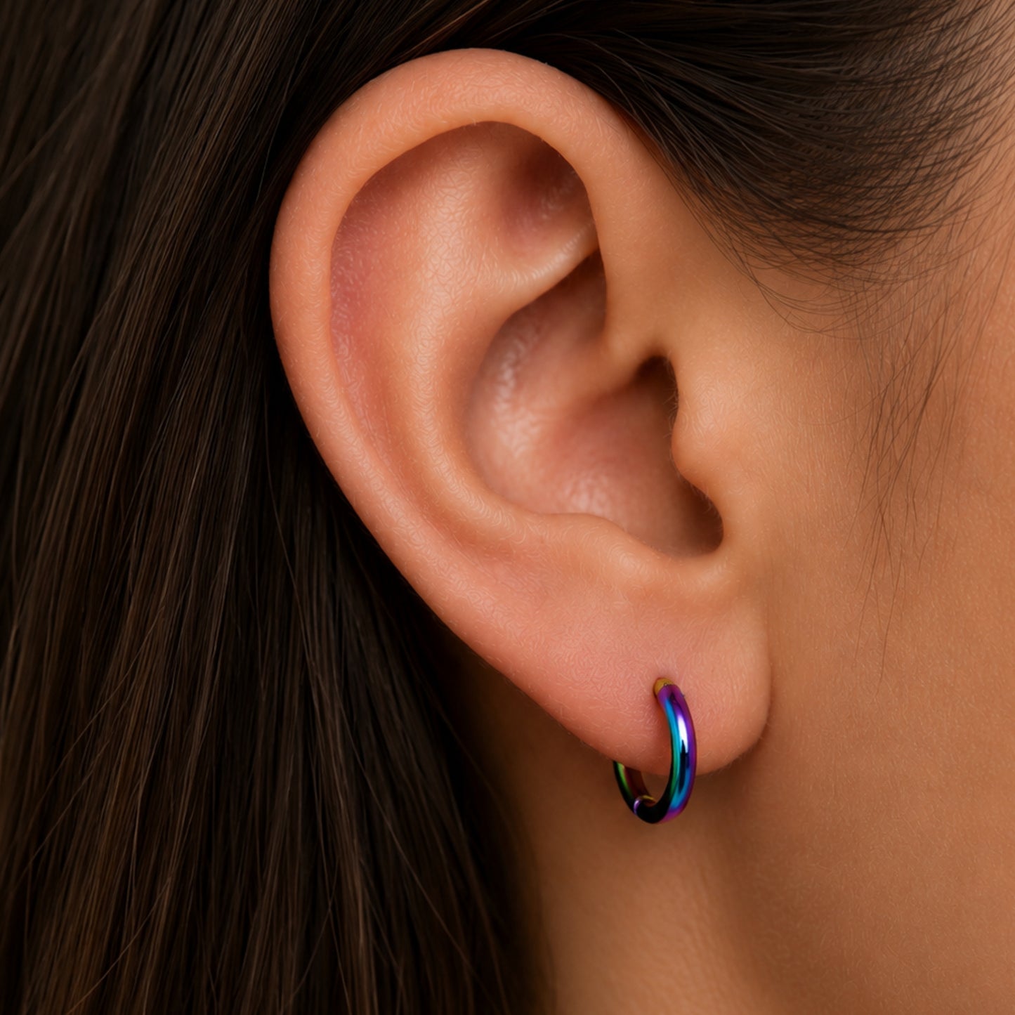 Rainbow Oil Slick Stainless Steel Hinged Huggie Hoop Earrings 8mm